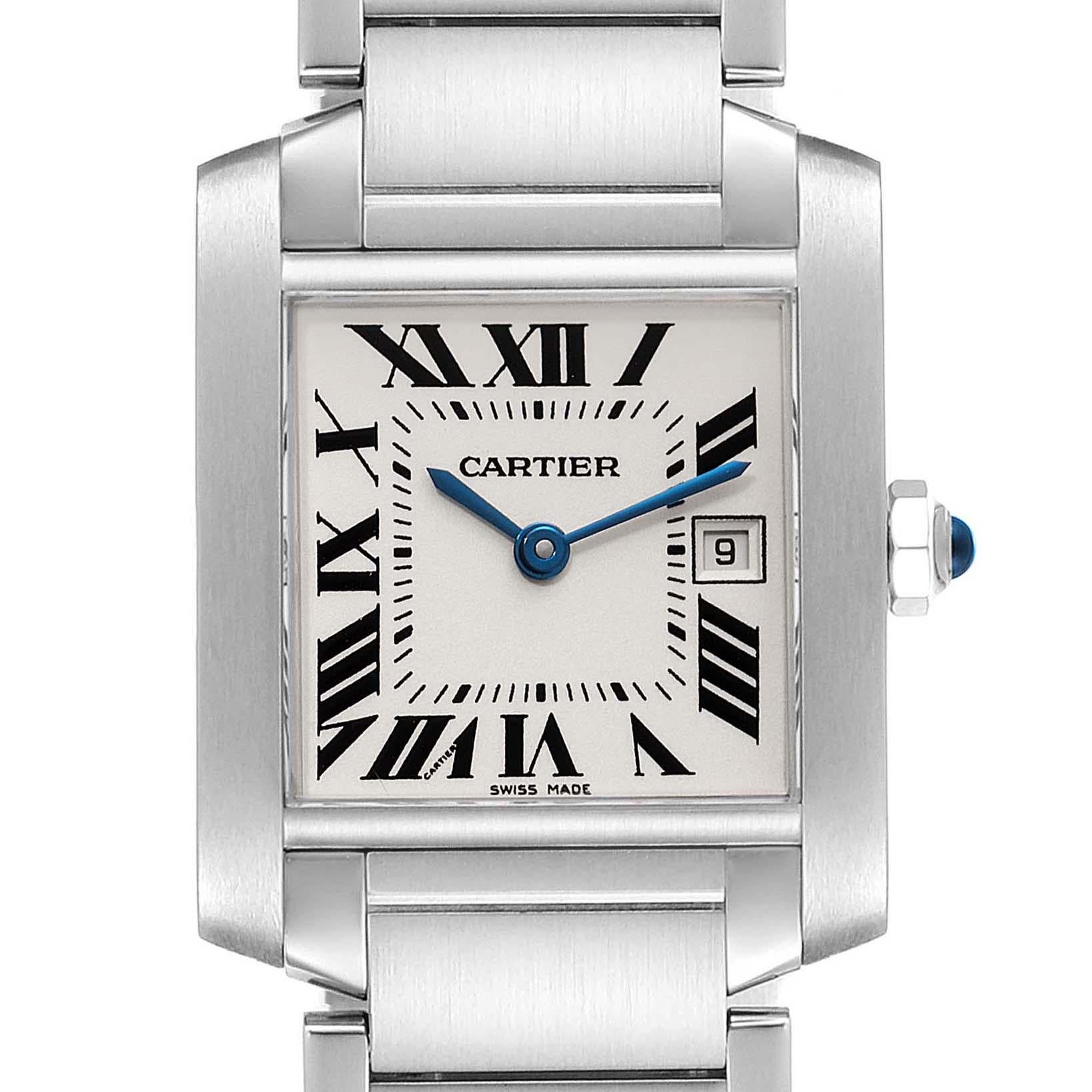 Cartier Tank Francaise Midsize 25mm Silver Dial Ladies Watch W51011Q3. Quartz movement. Rectangular stainless steel 25.0 X 30.0 mm case. Octagonal crown set with a blue spinel cabochon. . Scratch resistant sapphire crystal. Silvered dial with