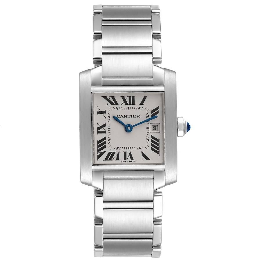 Cartier Tank Francaise Midsize 25mm Silver Dial Mens Watch W51011Q3. Quartz movement. Rectangular stainless steel 25.0 X 30.0 mm case. Octagonal crown set with a blue spinel cabochon. . Scratch resistant sapphire crystal. Silvered dial with painted