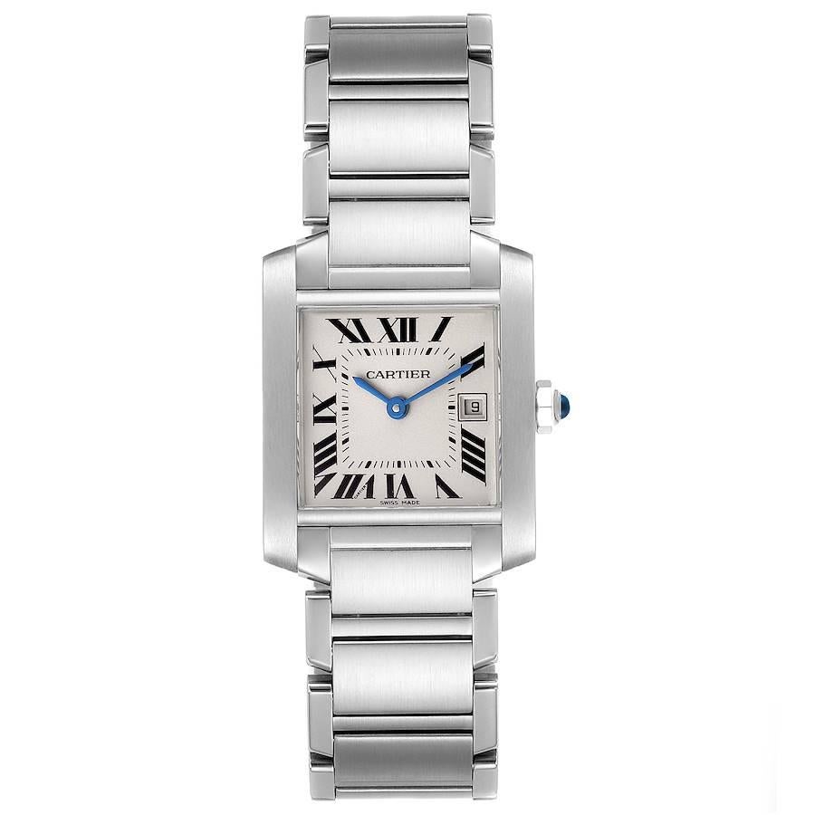 Cartier Tank Francaise Midsize 25mm Silver Dial Watch W51011Q3. Quartz movement. Rectangular stainless steel 25.0 X 30.0 mm case. Octagonal crown set with a blue spinel cabochon. . Scratch resistant sapphire crystal. Silvered dial with painted black