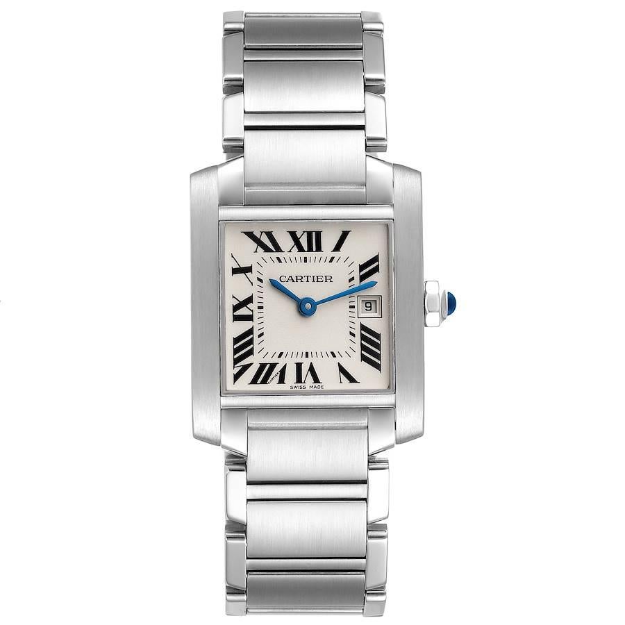 Cartier Tank Francaise Midsize 25mm Silver Dial Mens Watch W51011Q3. Quartz Movement. Rectangular stainless steel 25.0 X 30.0 mm case. Octagonal crown set with a blue spinel cabochon. . Scratch resistant sapphire crystal. Silvered dial with painted
