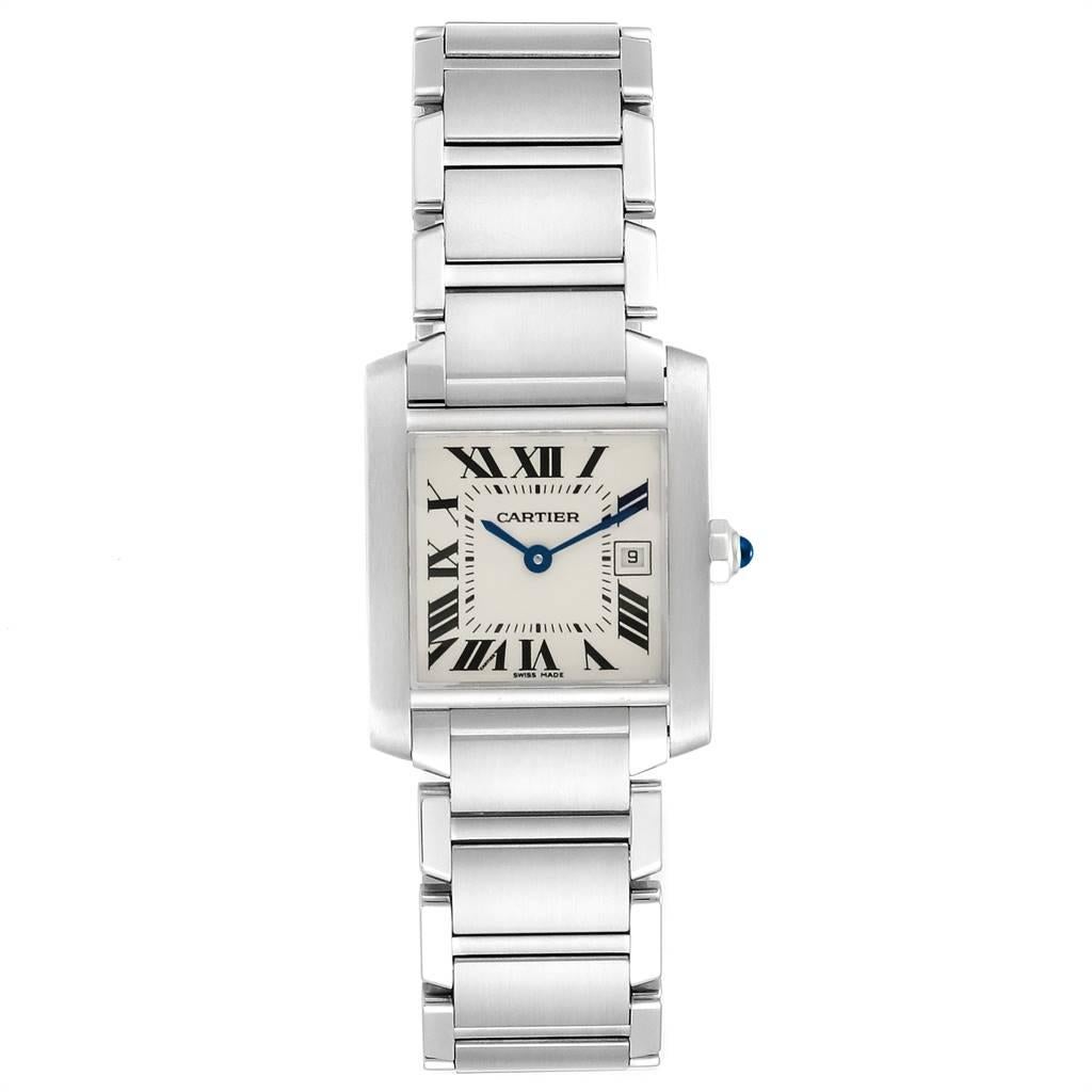Cartier Tank Francaise Midsize Blue Hands Ladies Watch W51011Q3. Quartz movement. Rectangular stainless steel 25.0 X 30.0 mm case. Octagonal crown set with a blue spinel cabochon. Scratch resistant sapphire crystal. Silvered dial with painted black