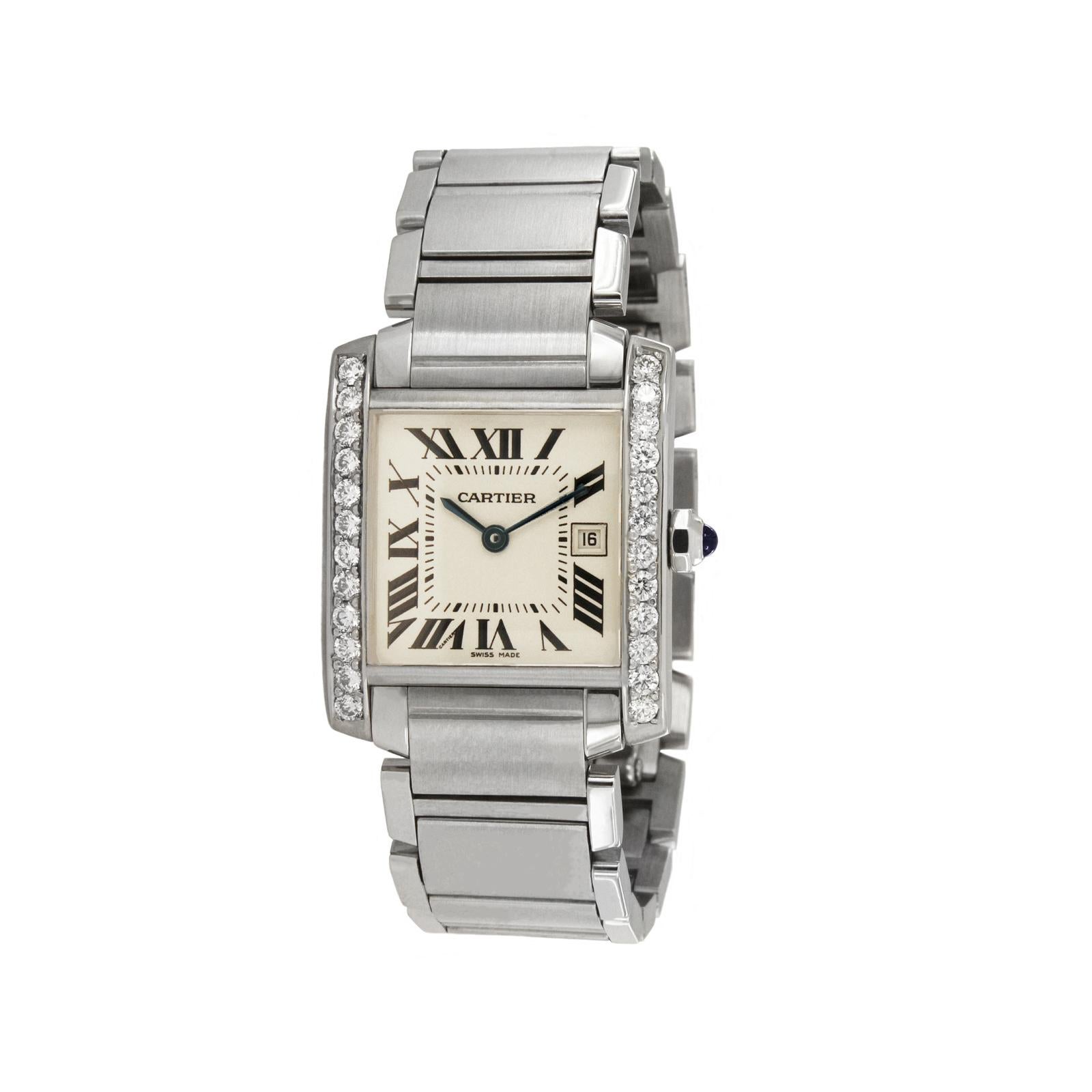 Cartier Tank Francaise Midsize Custom Diamond Bezel 1.1 Carat Watch 2465 In Excellent Condition In New York, NY