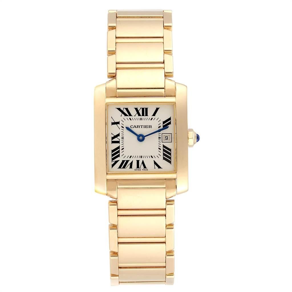 Cartier Tank Francaise Midsize Date Yellow Gold Ladies Watch W50014N2. Quartz movement. Rectangular 18K yellow gold 25.0 x 30.0 mm case. Octagonal crown set with a blue sapphire cabochon. Scratch resistant sapphire crystal. Silvered grained dial