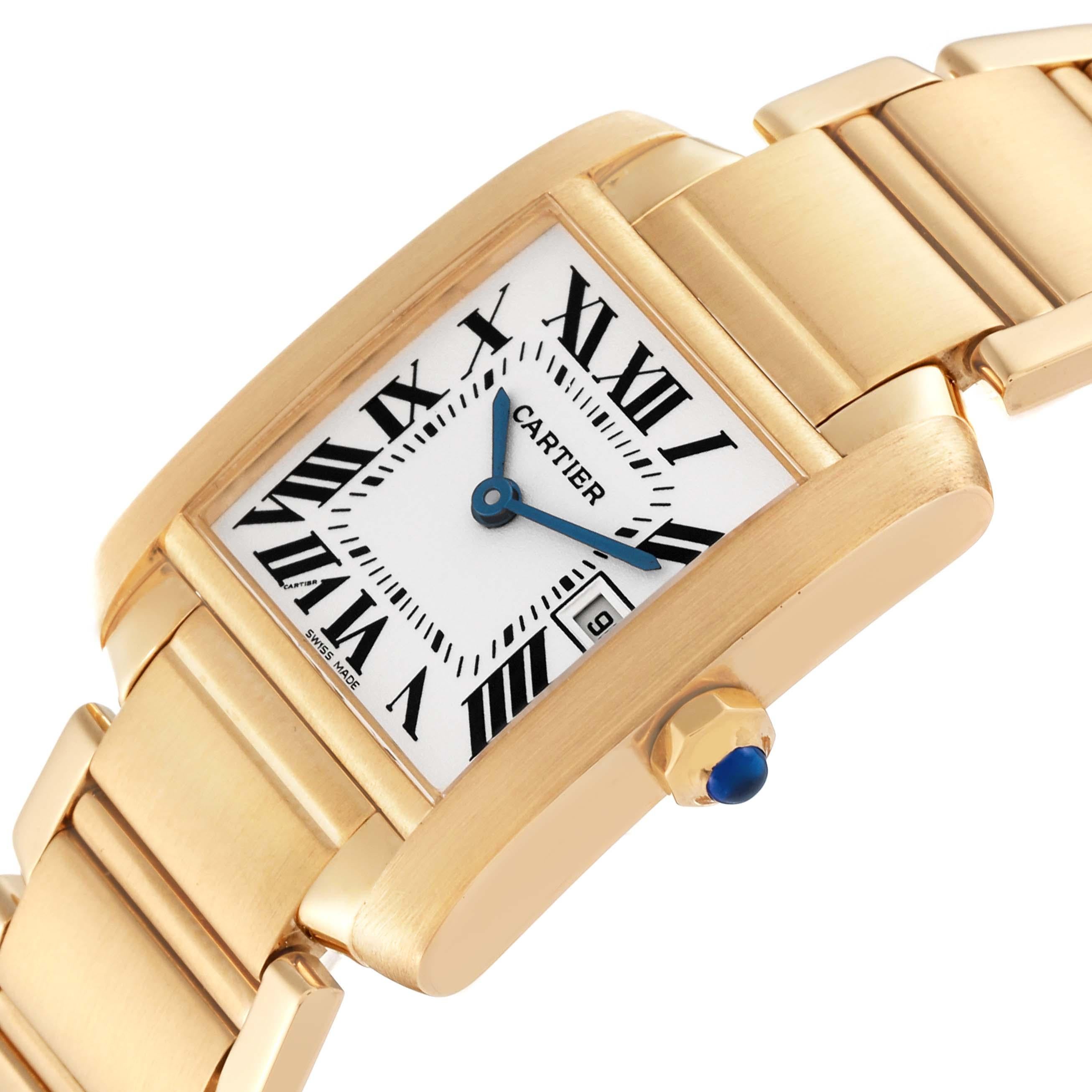 Cartier Tank Francaise Midsize Date Yellow Gold Ladies Watch W50014N2. Quartz movement. Rectangular 18K yellow gold 25.0 x 30.0 mm case. Octagonal crown set with a blue sapphire cabochon. . Scratch resistant sapphire crystal. Silvered grained dial