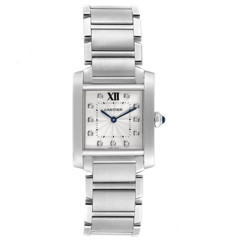 Cartier Tank Francaise Midsize Diamond Steel Ladies Watch WE110007. Quartz movement. Rectangular stainless steel 25.0 X 30.0 mm case. Octagonal crown set with a blue spinel cabochon. Stainless steel bezel. Scratch resistant sapphire crystal. Silver