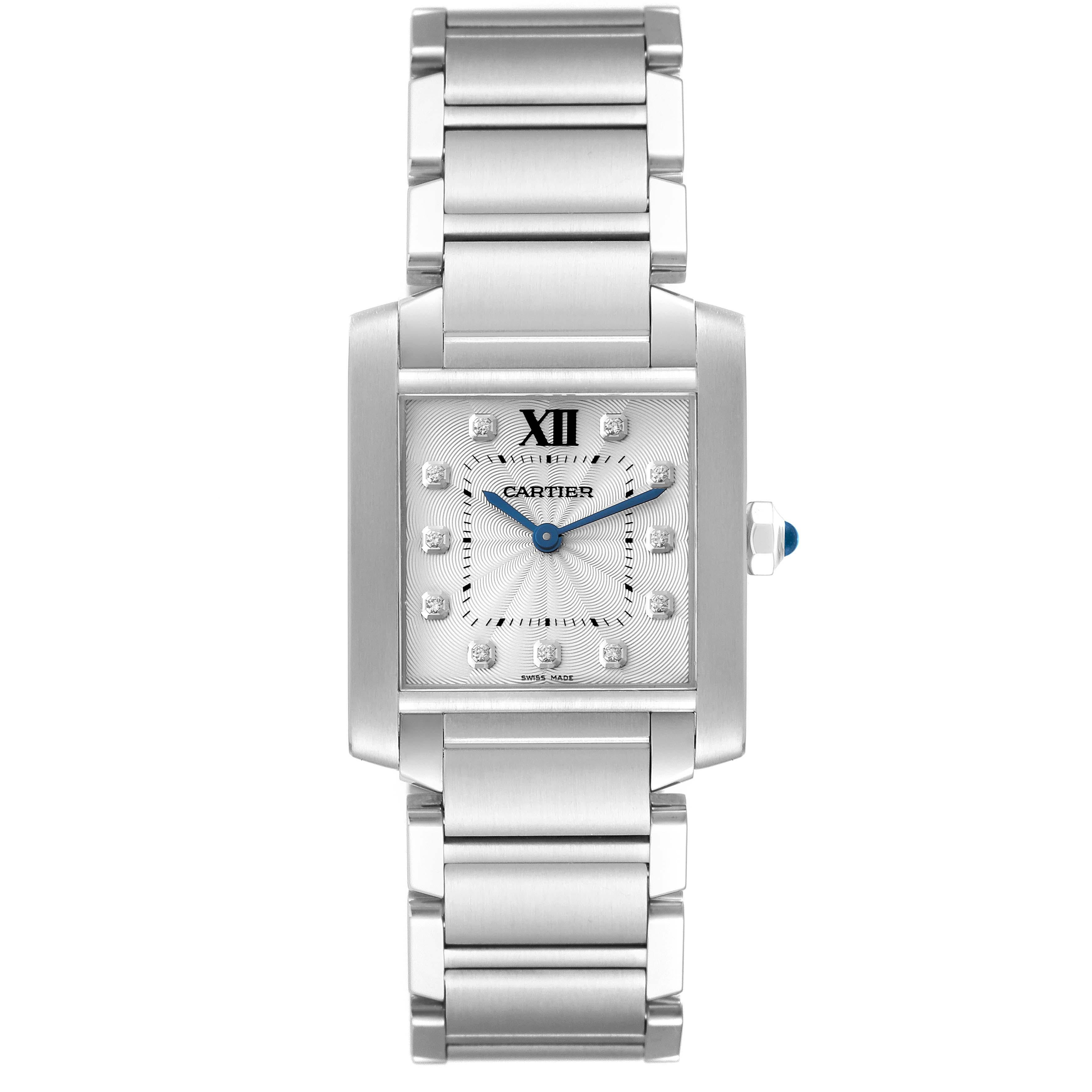 Cartier Tank Francaise Midsize Diamond Steel Ladies Watch WE110007. Quartz movement. Rectangular stainless steel 25.0 X 30.0 mm case. Octagonal crown set with a blue spinel cabochon. . Scratch resistant sapphire crystal. Silver guilloche dial with