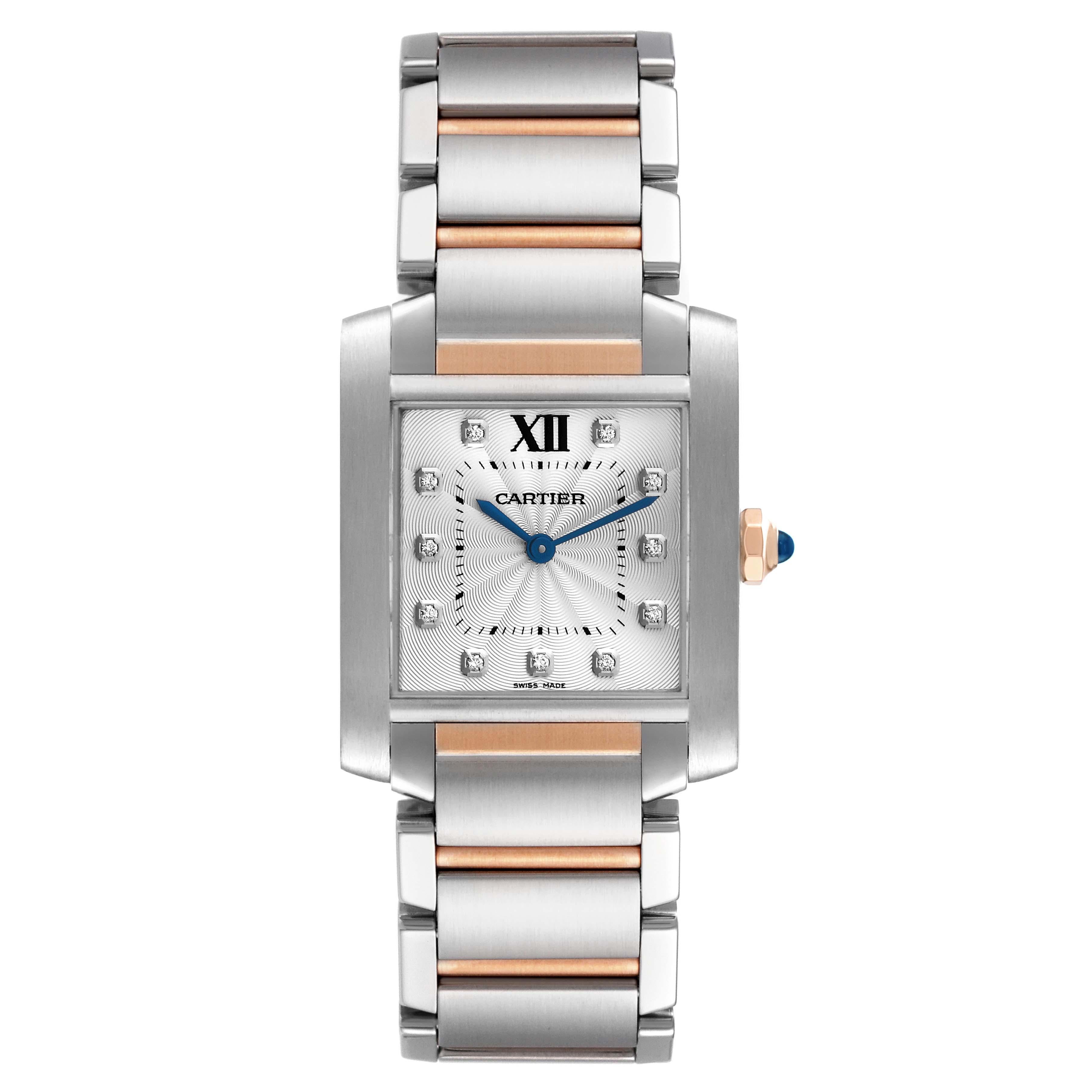 Cartier Tank Francaise Midsize Diamond Steel Rose Gold Ladies Watch WE110005. Quartz movement. Rectangular stainless steel 25.0 X 30.0 mm case. Octagonal 18k rose gold crown set with a blue spinel cabochon. . Scratch resistant sapphire crystal.