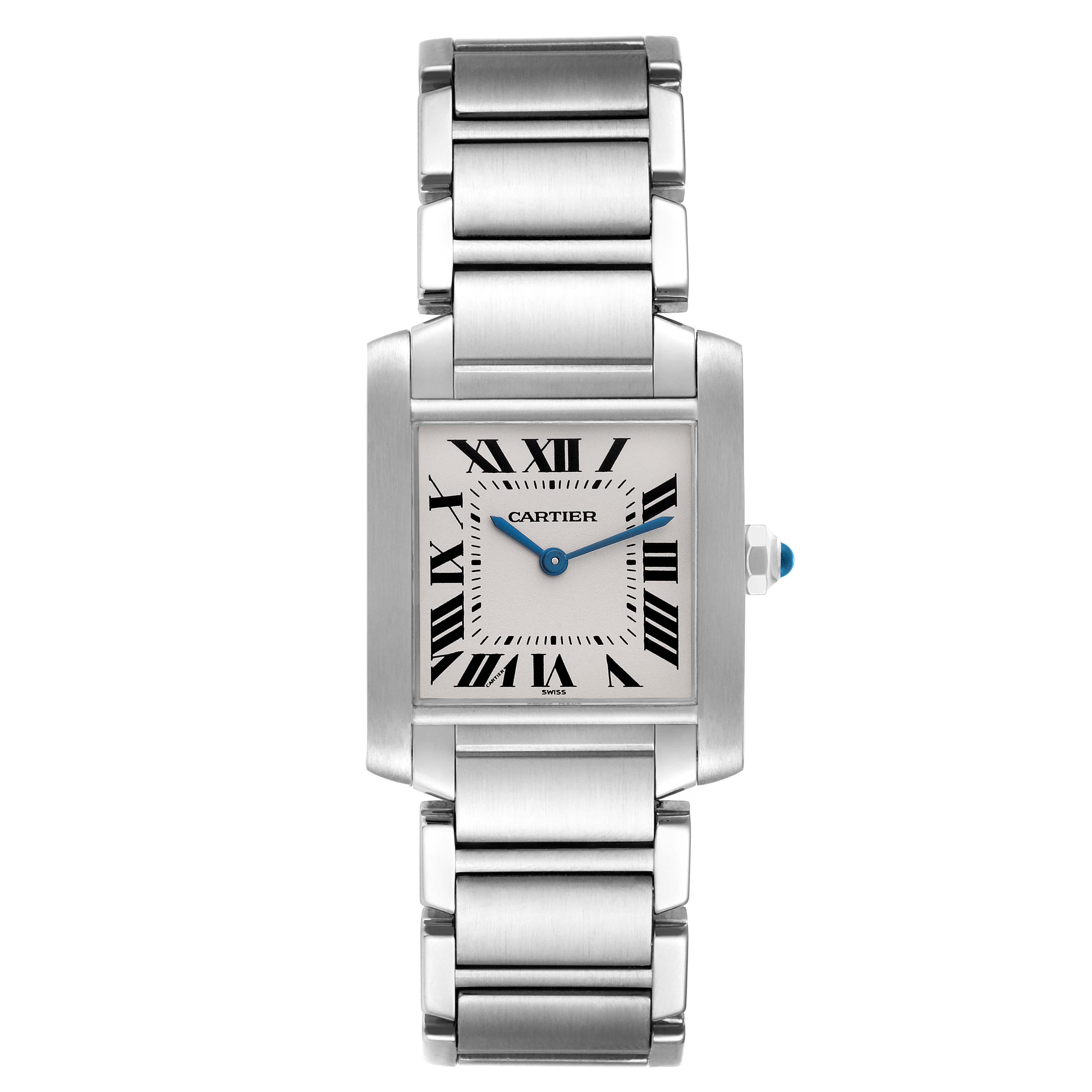 Cartier Tank Francaise Midsize Silver Dial Ladies Watch W51003Q3. Quartz movement. Rectangular stainless steel 25.0 X 30.0 mm case. Octagonal crown set with a blue spinel cabochon. . Scratch resistant sapphire crystal. Silver grained dial with black