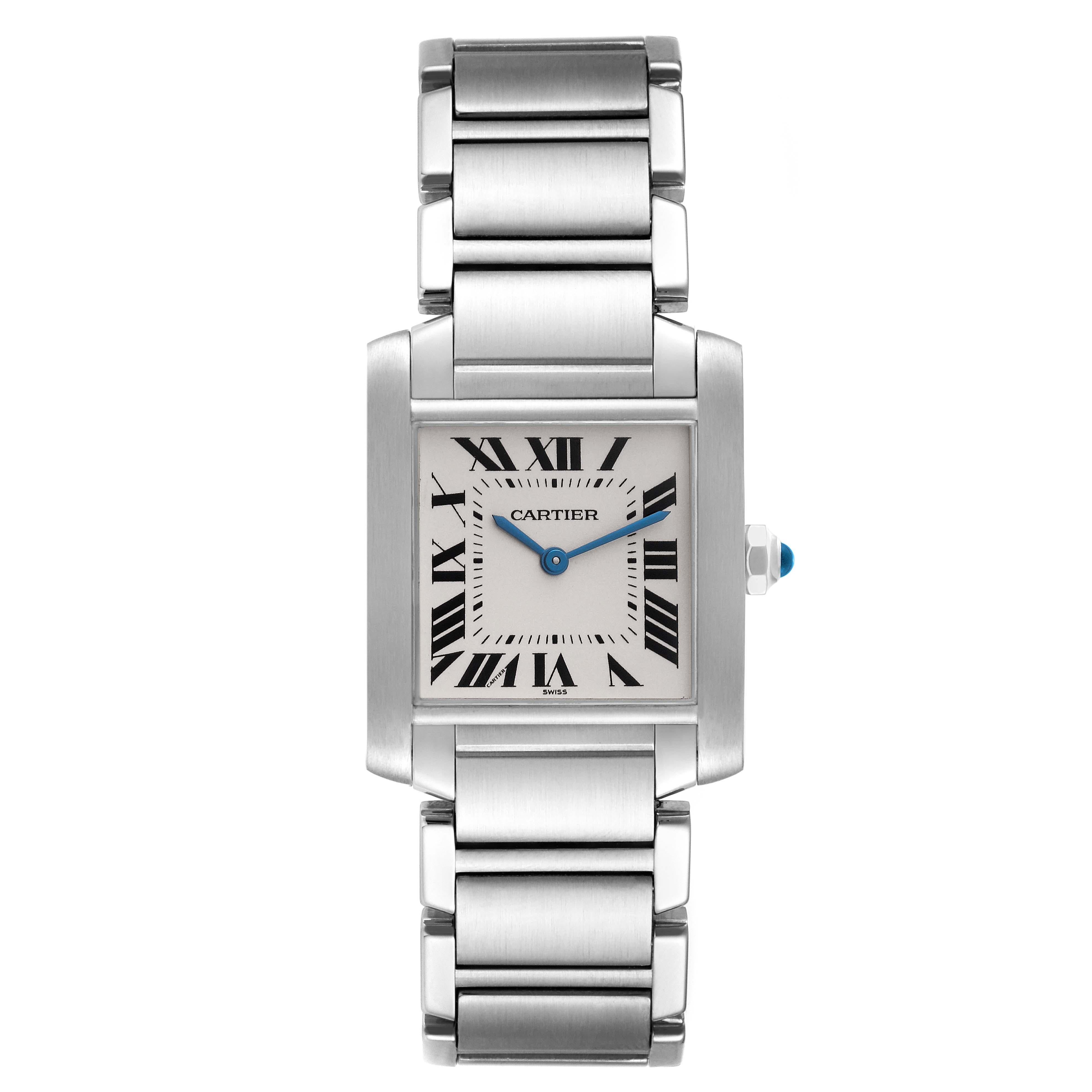 Cartier Tank Francaise Midsize Silver Dial Ladies Watch W51003Q3. Quartz movement. Rectangular stainless steel 25.0 X 30.0 mm case. Octagonal crown set with a blue spinel cabochon. . Scratch resistant sapphire crystal. Silver grained dial with black