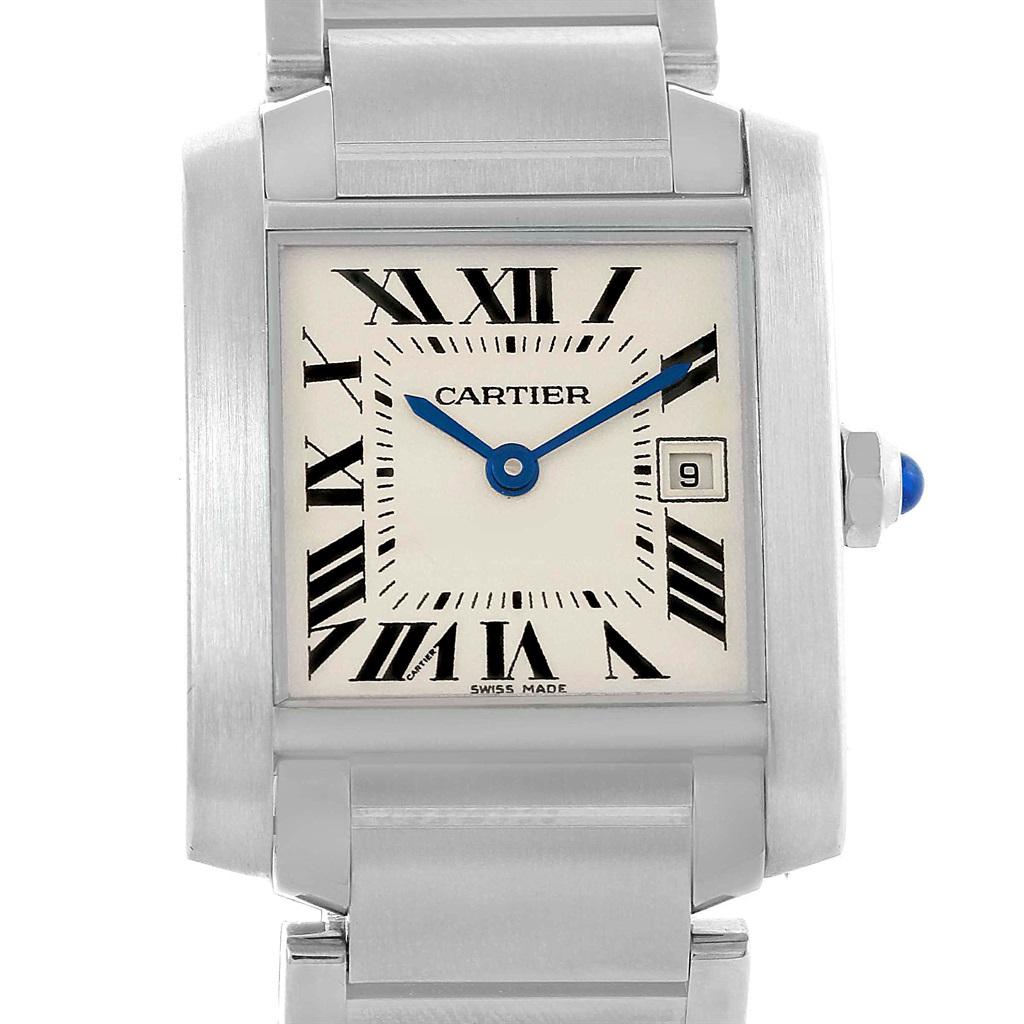 Cartier Tank Francaise Midsize Silver Dial Ladies Watch W51011Q3. Quartz movement. Rectangular stainless steel 25.0 X 30.0 mm case. Octagonal crown set with a blue spinel cabochon. Scratch resistant sapphire crystal. Silvered dial with painted black