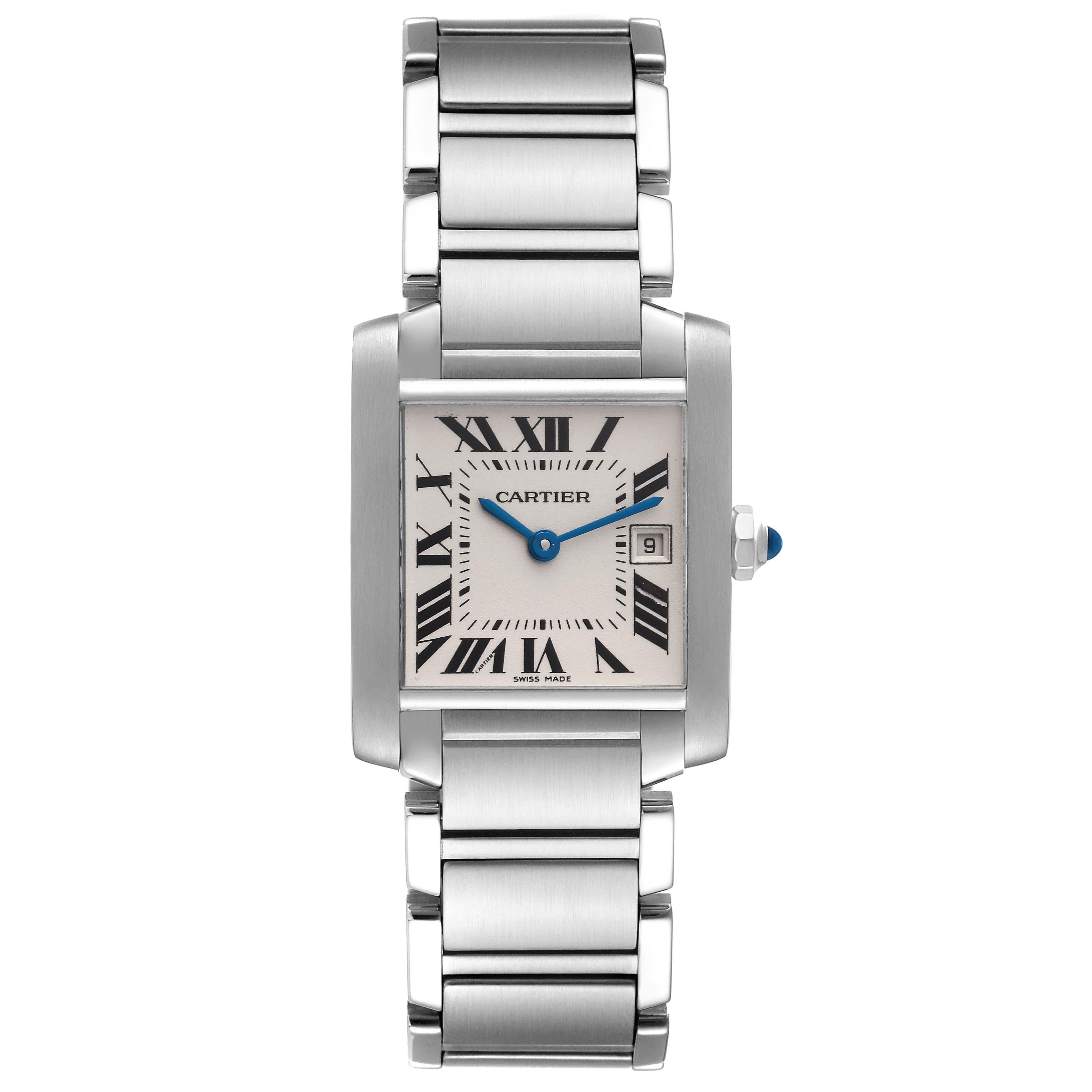 Cartier Tank Francaise Midsize Silver Dial Steel Ladies Watch W51003Q3. Quartz movement. Rectangular stainless steel 25.0 X 30.0 mm case. Octagonal crown set with a blue spinel cabochon. . Scratch resistant sapphire crystal. Silver grained dial with