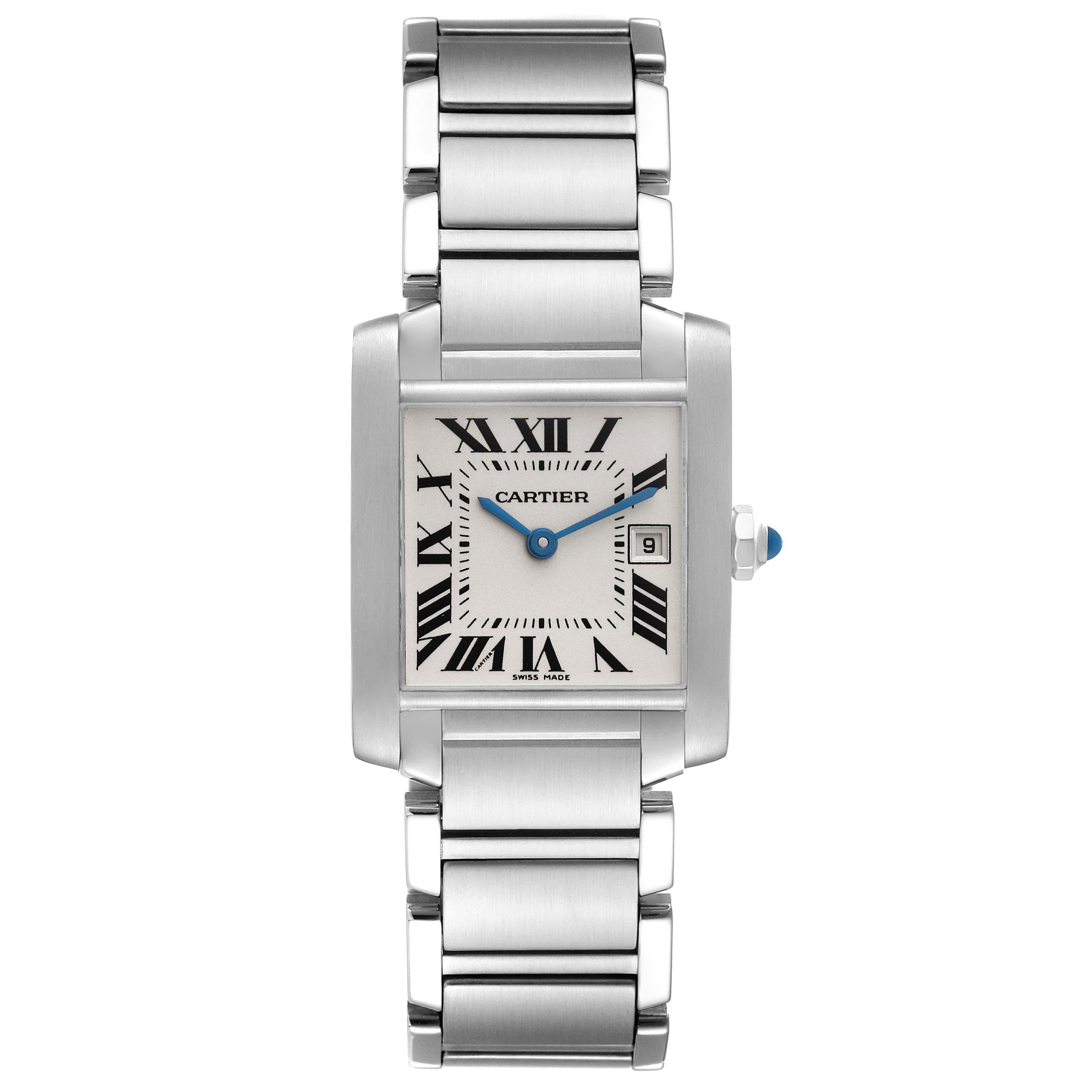 Cartier Tank Francaise Midsize Silver Dial Steel Ladies Watch W51011Q3. Quartz movement. Rectangular stainless steel 25.0 X 30.0 mm case. Octagonal crown set with a blue spinel cabochon. . Scratch resistant sapphire crystal. Silvered dial with black