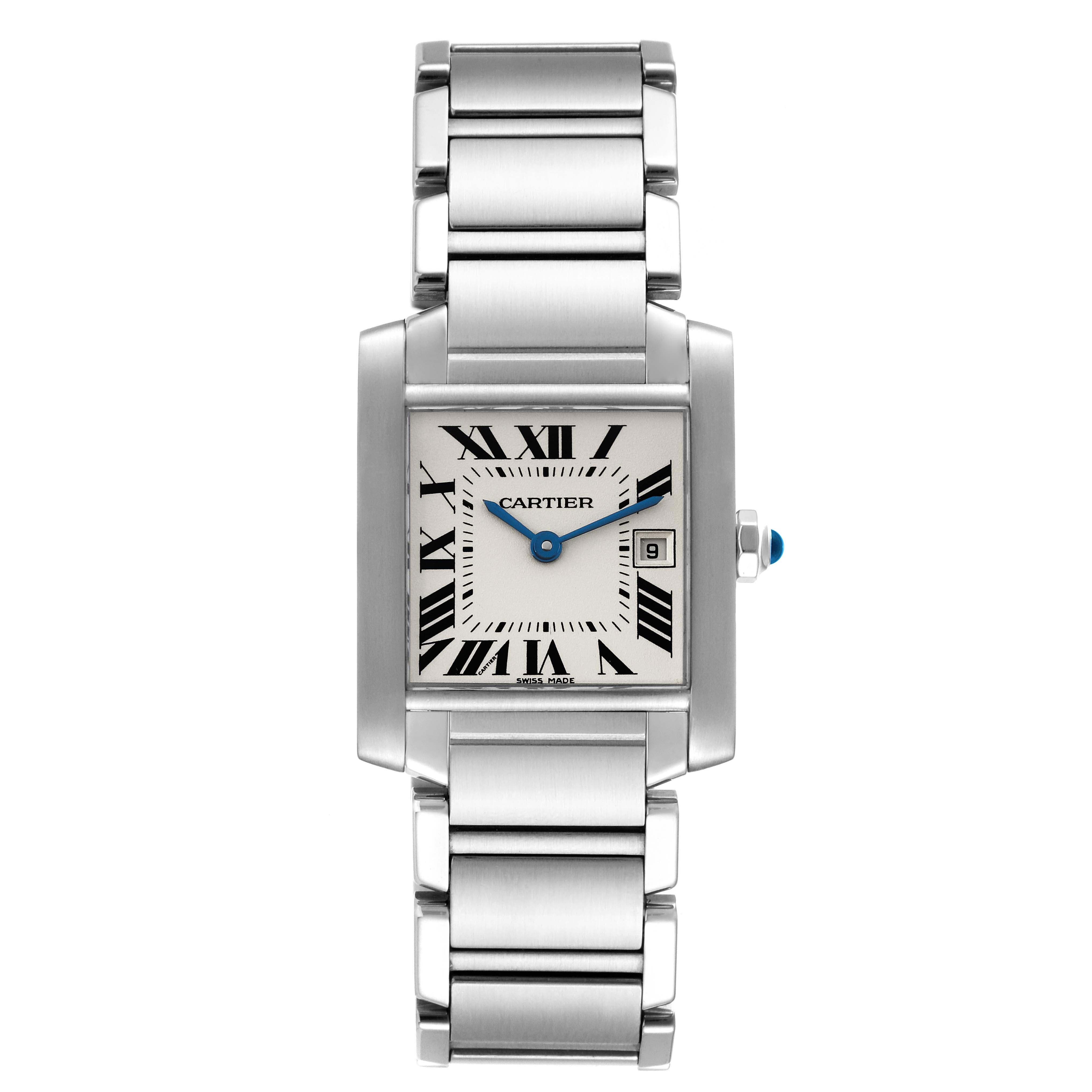 Cartier Tank Francaise Midsize Silver Dial Steel Ladies Watch W51011Q3. Quartz movement. Rectangular stainless steel 25.0 X 30.0 mm case. Octagonal crown set with a blue spinel cabochon. . Scratch resistant sapphire crystal. Silvered dial with black