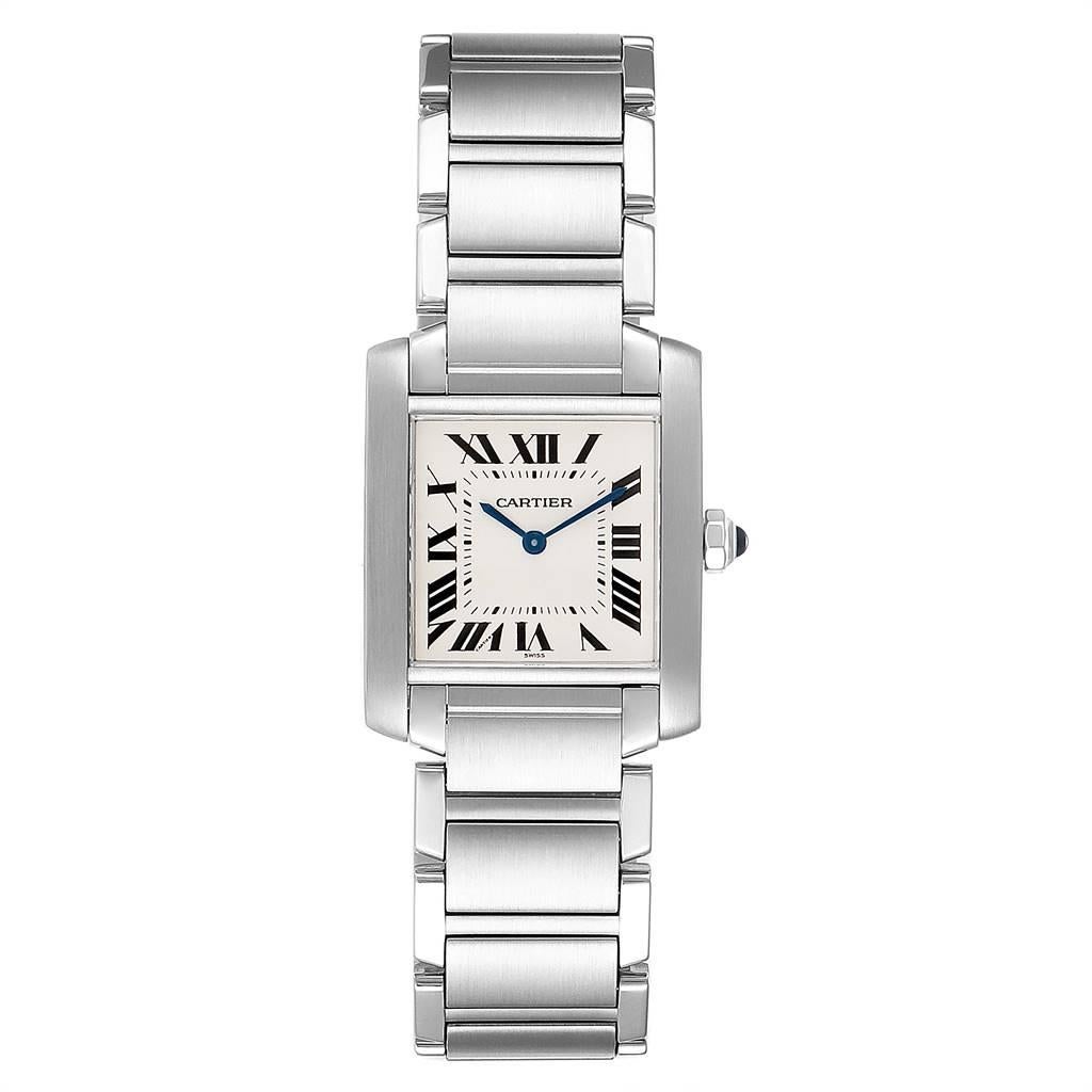 Cartier Tank Francaise Midsize Silver Dial Steel Ladies Watch WSTA0005. Quartz movement. Rectangular stainless steel 25.0 X 30.0 mm case. Octagonal crown set with a blue spinel cabochon. Scratch resistant sapphire crystal. Silver grained dial with