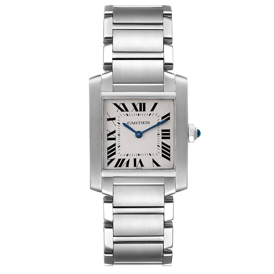 Cartier Tank Francaise Midsize Silver Dial Steel Ladies Watch WSTA0005. Quartz movement. Rectangular stainless steel 25.0 X 30.0 mm case. Octagonal crown set with a blue spinel cabochon. . Scratch resistant sapphire crystal. Silver grained dial with