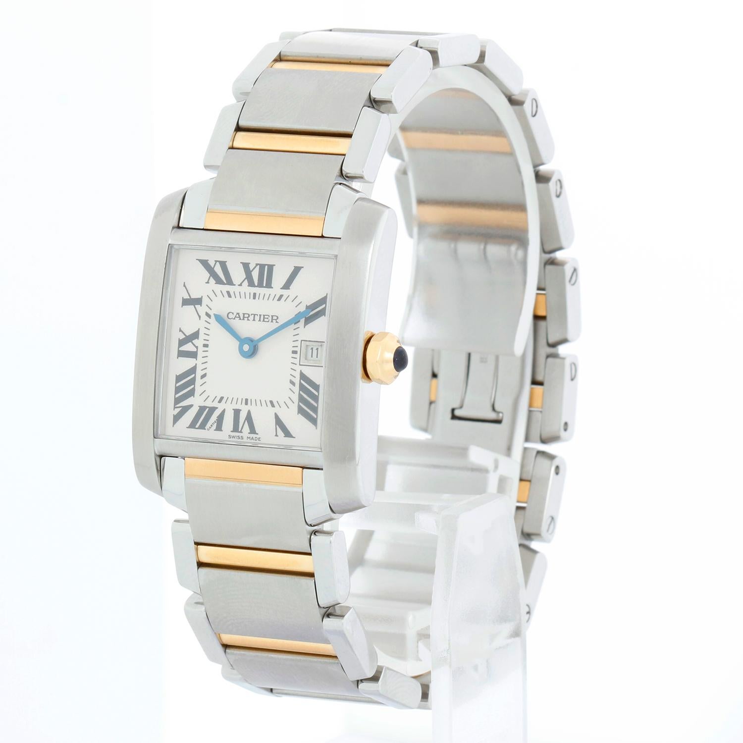 Cartier Tank Francaise Midsize Stainless Steel & Yellow Gold  Watch 2465 W51012Q4 - Quartz. Stainless steel & yellow gold  case (25mm x 30mm). Ivory colored dial with black Roman numerals; date at 3 o'clock. Stainless steel and yellow gold Cartier