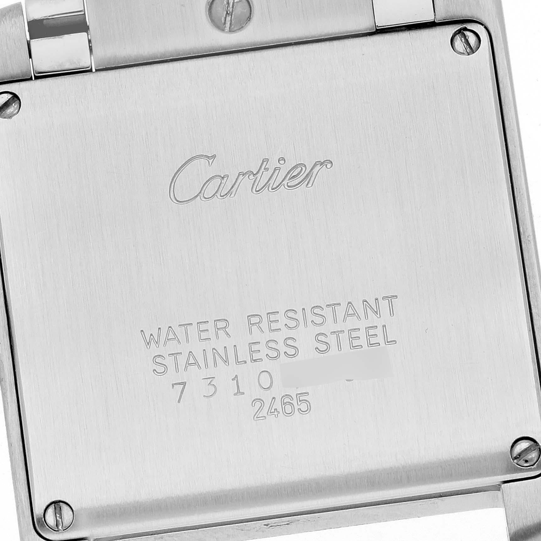 Cartier Tank Francaise Midsize Steel Ladies Watch W51011Q3 Box Papers. Quartz movement. Rectangular stainless steel 25.0 X 30.0 mm case. Octagonal crown set with a blue spinel cabochon. . Scratch resistant sapphire crystal. Silvered dial with black