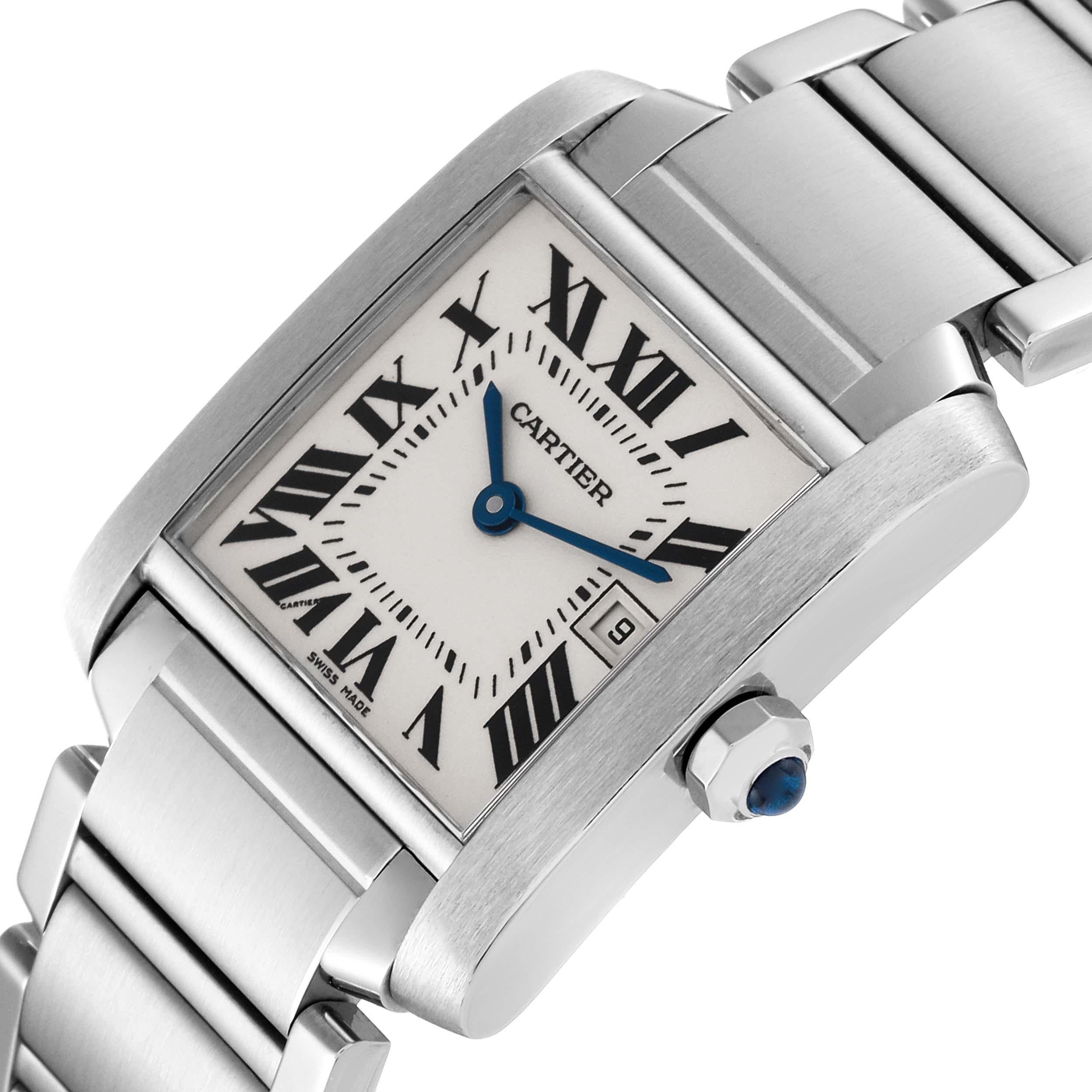 Cartier Tank Francaise Midsize Steel Ladies Watch W51011Q3. Quartz movement. Rectangular stainless steel 25.0 X 30.0 mm case. Octagonal crown set with a blue spinel cabochon. . Scratch resistant sapphire crystal. Silvered dial with black radial