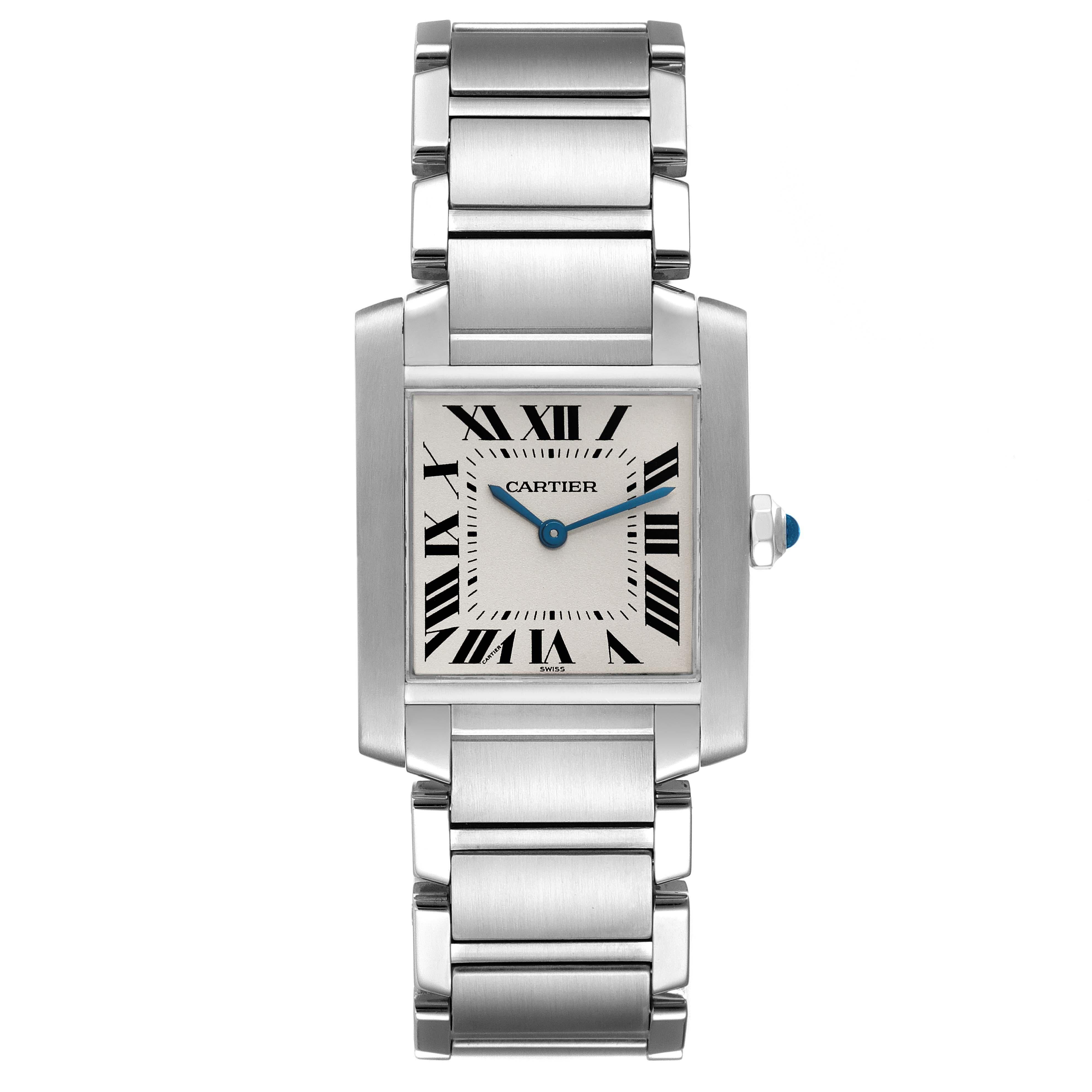 Cartier Tank Francaise Midsize Steel Ladies Watch WSTA0005 Box Papers. Quartz movement. Rectangular stainless steel 25.0 X 30.0 mm case. Octagonal crown set with a blue spinel cabochon. . Scratch resistant sapphire crystal. Silver grained dial with