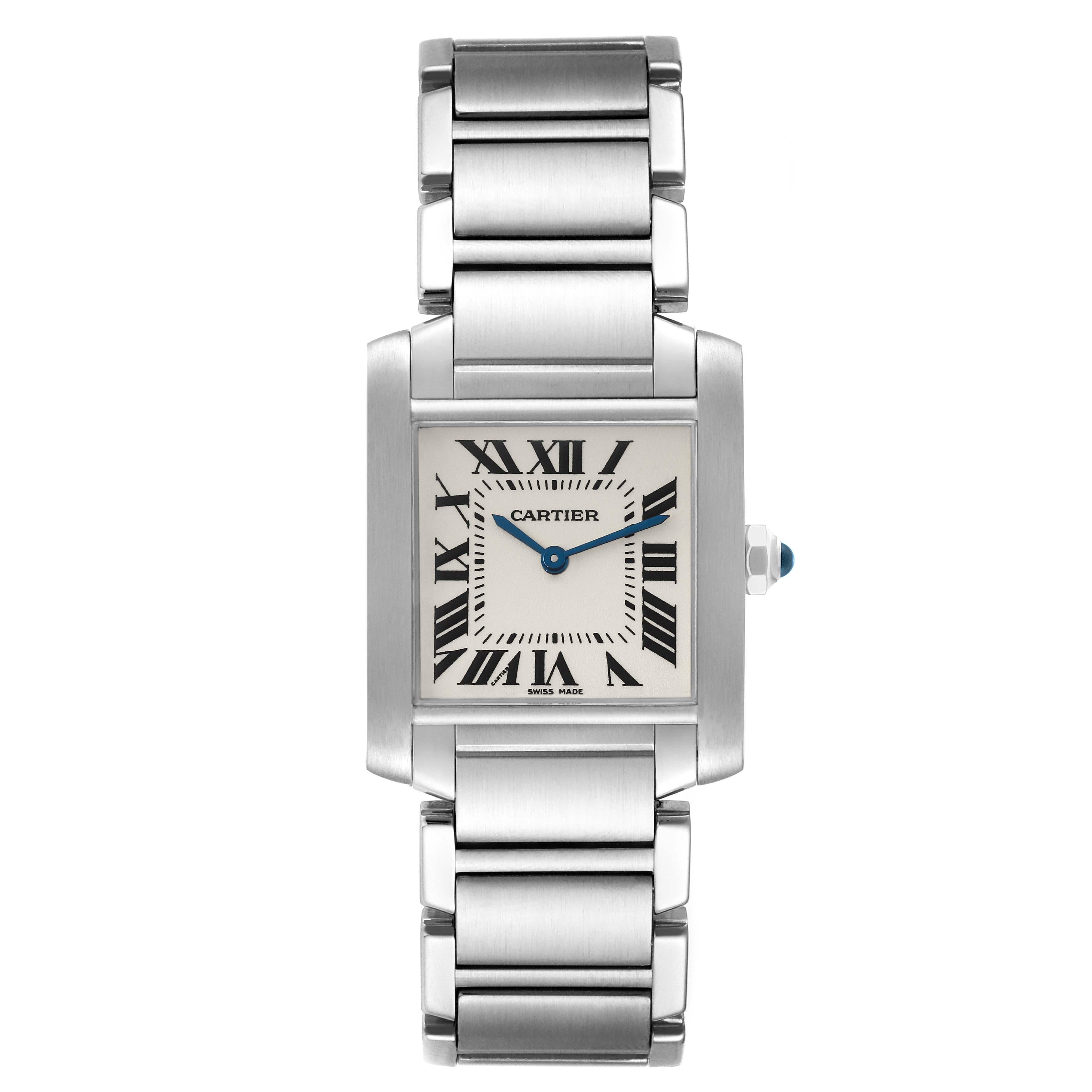 Cartier Tank Francaise Midsize Steel Ladies Watch WSTA0005. Quartz movement. Rectangular stainless steel 25.0 X 30.0 mm case. Octagonal crown set with a blue spinel cabochon. . Scratch resistant sapphire crystal. Silver grained dial with black