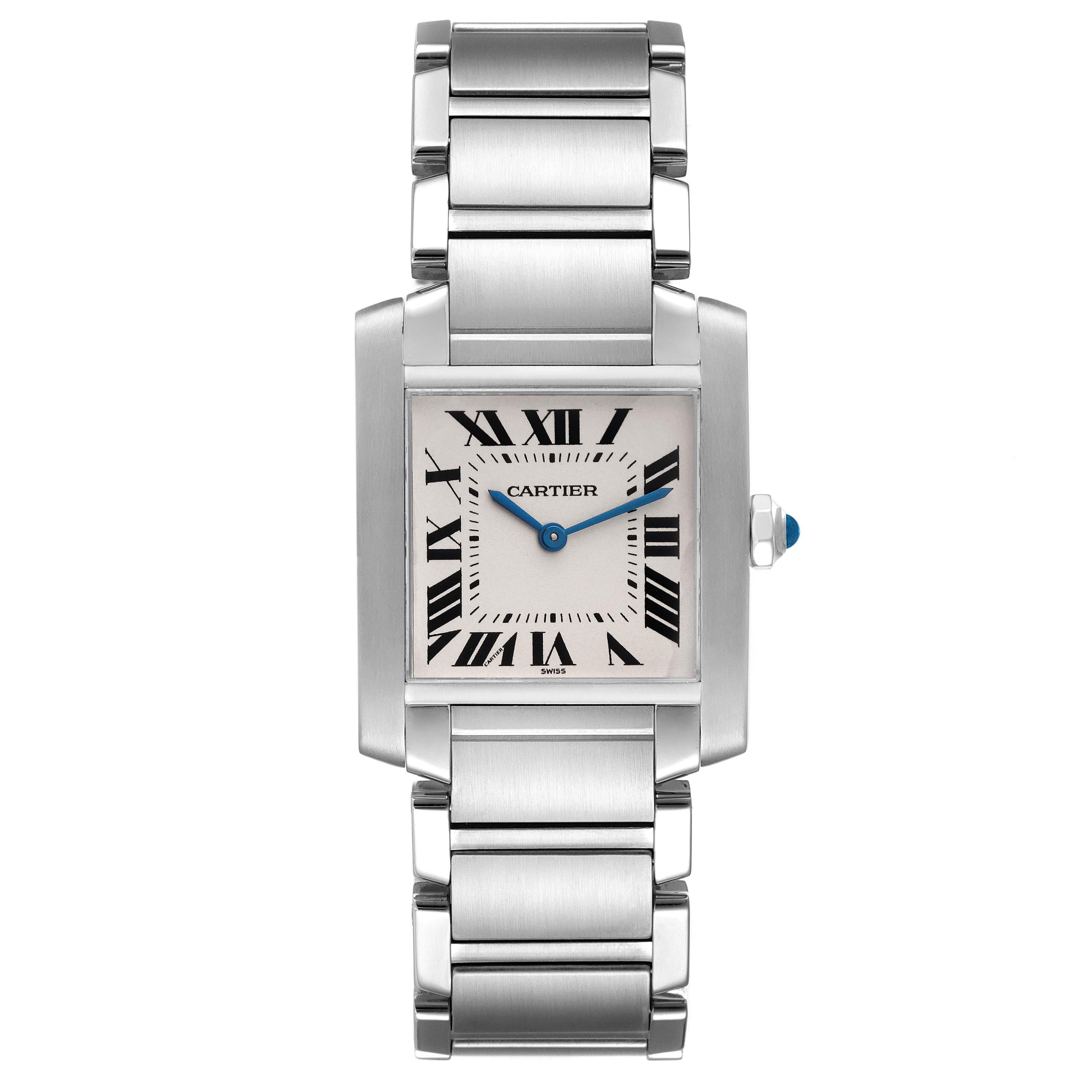 Cartier Tank Francaise Midsize Steel Ladies Watch WSTA0005. Quartz movement. Rectangular stainless steel 25.0 X 30.0 mm case. Octagonal crown set with a blue spinel cabochon. . Scratch resistant sapphire crystal. Silver grained dial with black