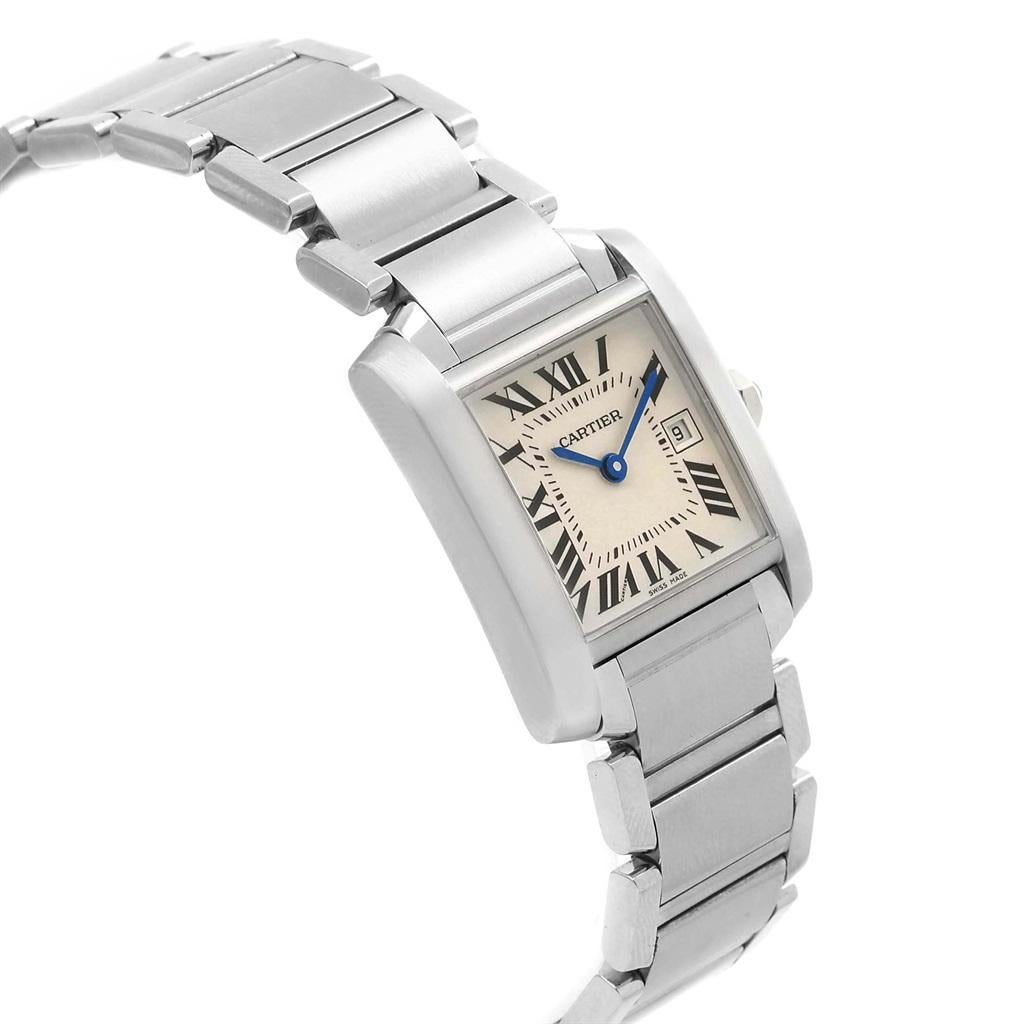 Cartier Tank Francaise Midsize Steel Womens Watch W51011Q3. Quartz movement. Rectangular stainless steel 25.0 X 30.0 mm case. Octagonal crown set with a blue spinel cabochon. Fixed stainless steel bezel. Scratch resistant sapphire crystal. Silvered