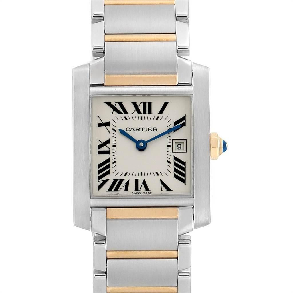 Cartier Tank Francaise Midsize Steel Yellow Gold Ladies Watch W51012Q4. Quartz movement. Rectangular stainless steel 25.0 x 30.0 mm case. Octagonal 18k yellow gold crown set with a blue spinel cabochon. Scratch resistant sapphire crystal. Silvered