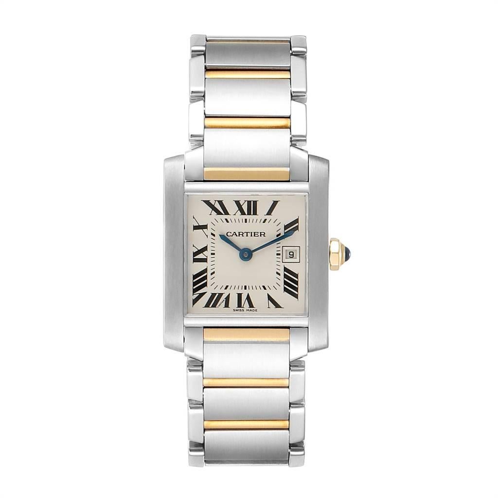 Cartier Tank Francaise Midsize Steel Yellow Gold Ladies Watch W51012Q4. Quartz movement. Rectangular stainless steel 25.0 x 30.0 mm case. Octagonal 18k yellow gold crown set with a blue spinel cabochon. Scratch resistant sapphire crystal. Silvered