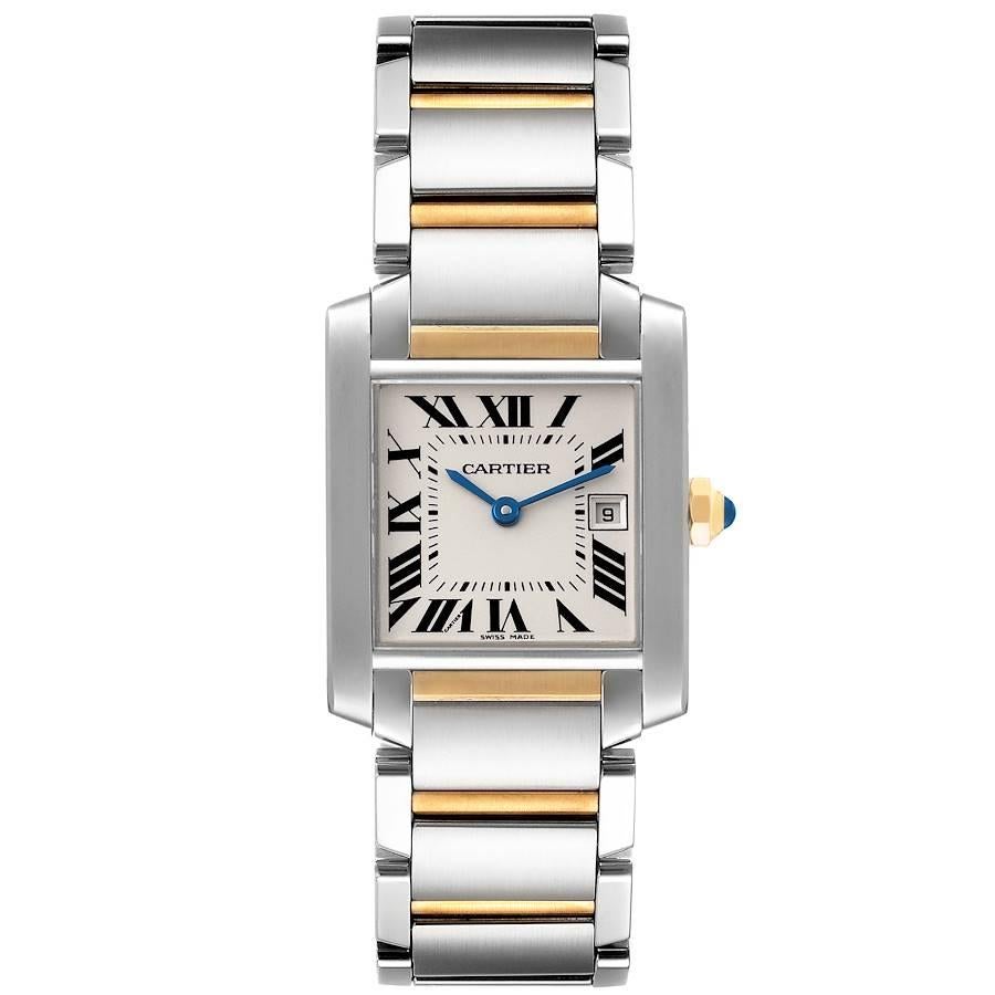 Cartier Tank Francaise Midsize Stahl Gelbgold Damenuhr W51012Q4. Quarzwerk. Rechteckiges Gehäuse aus Edelstahl 25,0 x 30,0 mm. Achteckige Krone aus 18 Karat Gelbgold, besetzt mit einem blauen Spinell-Cabochon. . Kratzfestes Saphirglas. Silbernes,