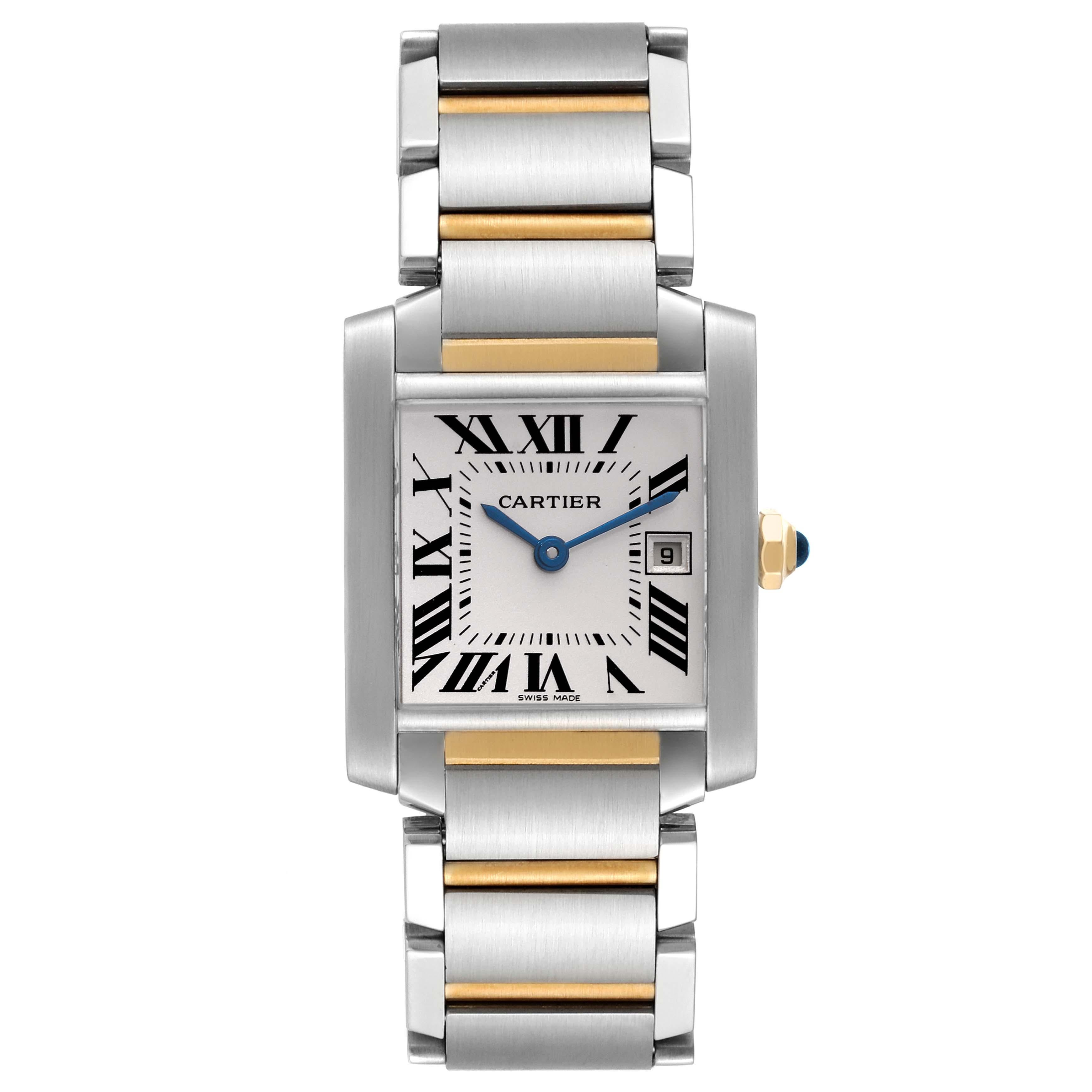 Cartier Tank Francaise Midsize Steel Yellow Gold Ladies Watch W51012Q4. Quartz movement. Rectangular stainless steel 25.0 x 30.0 mm case. Octagonal 18k yellow gold crown set with a blue cabochon. . Scratch resistant sapphire crystal. Silver grained