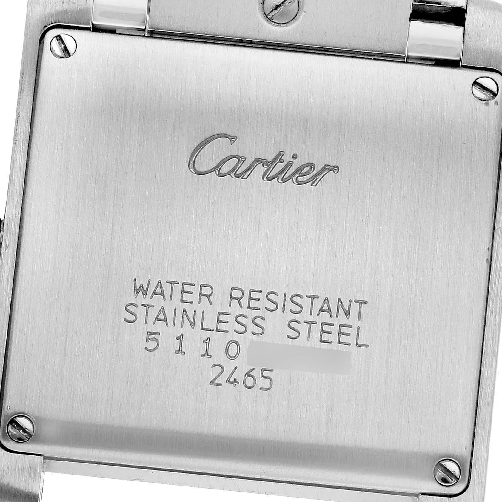 Cartier Tank Francaise Midsize Steel Yellow Gold Ladies Watch W51012Q4. Quartz movement. Rectangular stainless steel 25.0 x 30.0 mm case. Octagonal 18k yellow gold crown set with a blue spinel cabochon. . Scratch resistant sapphire crystal. Silver