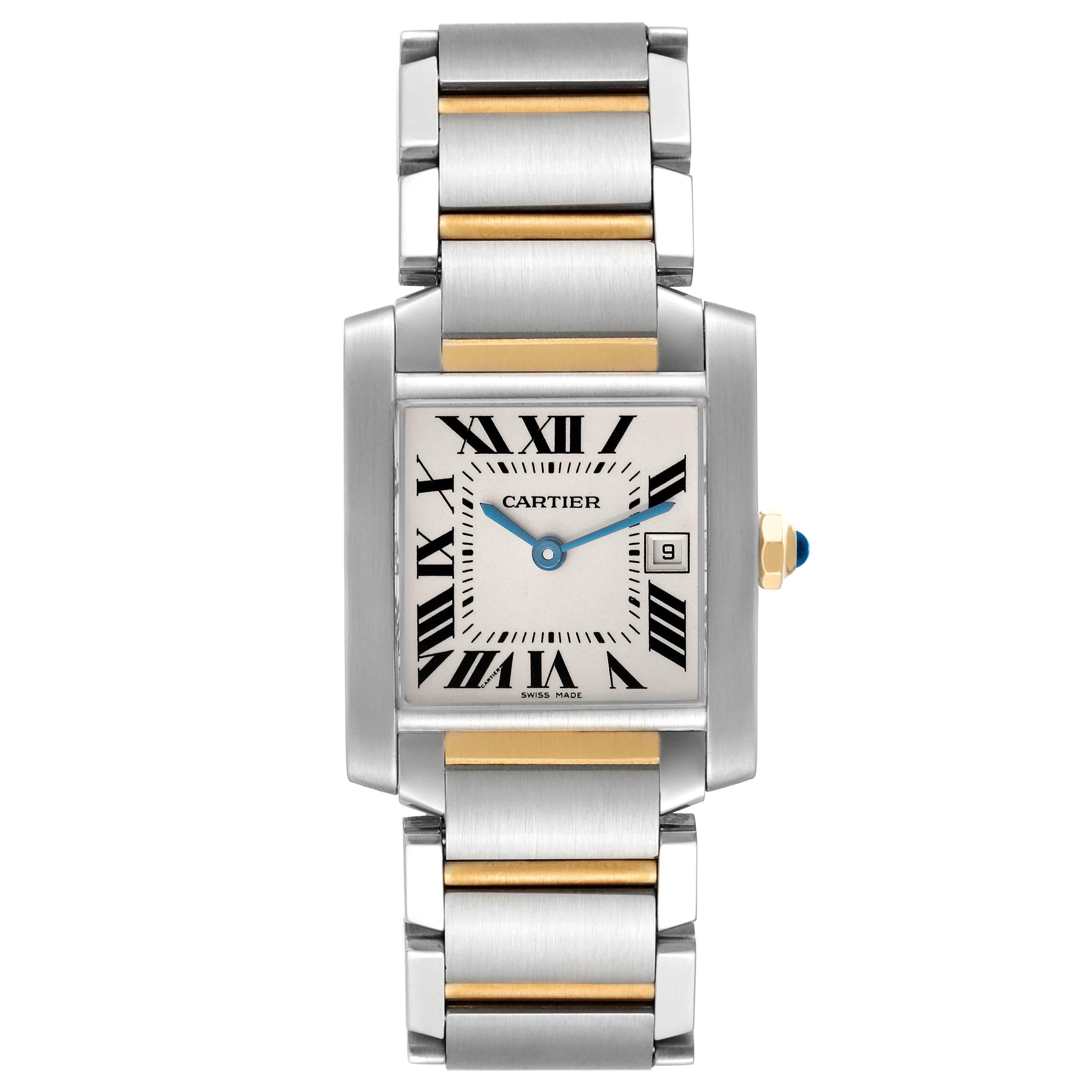Cartier Tank Francaise Midsize Steel Yellow Gold Ladies Watch W51012Q4 Box Papers. Quartz movement. Rectangular stainless steel 25.0 x 30.0 mm case. Octagonal 18k yellow gold crown set with a blue spinel cabochon. . Scratch resistant sapphire