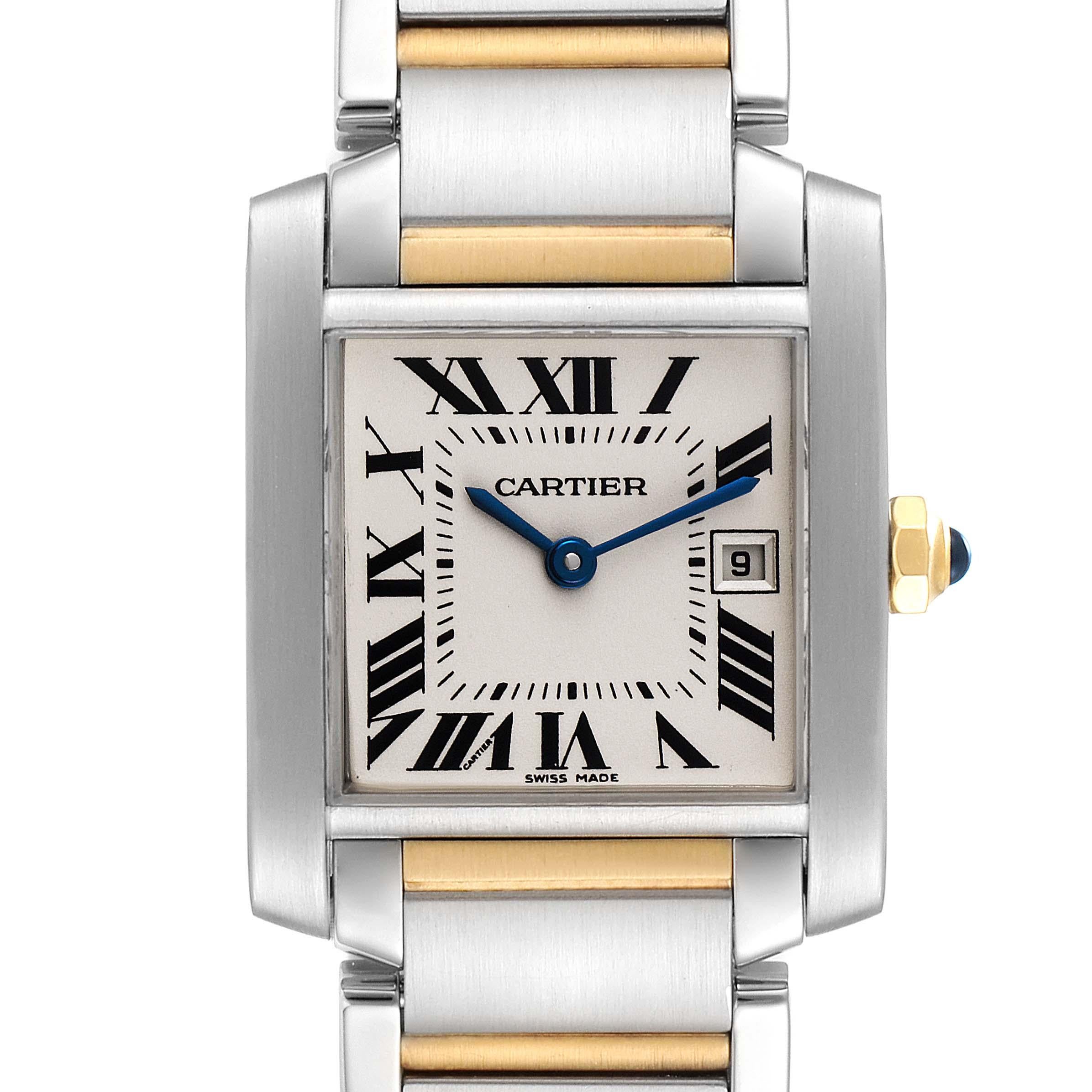 Cartier Tank Francaise Midsize Steel Yellow Gold Ladies Watch W51012Q4. Quartz movement. Rectangular stainless steel 25.0 x 30.0 mm case. Octagonal 18k yellow gold crown set with a blue spinel cabochon. . Scratch resistant sapphire crystal. Silvered