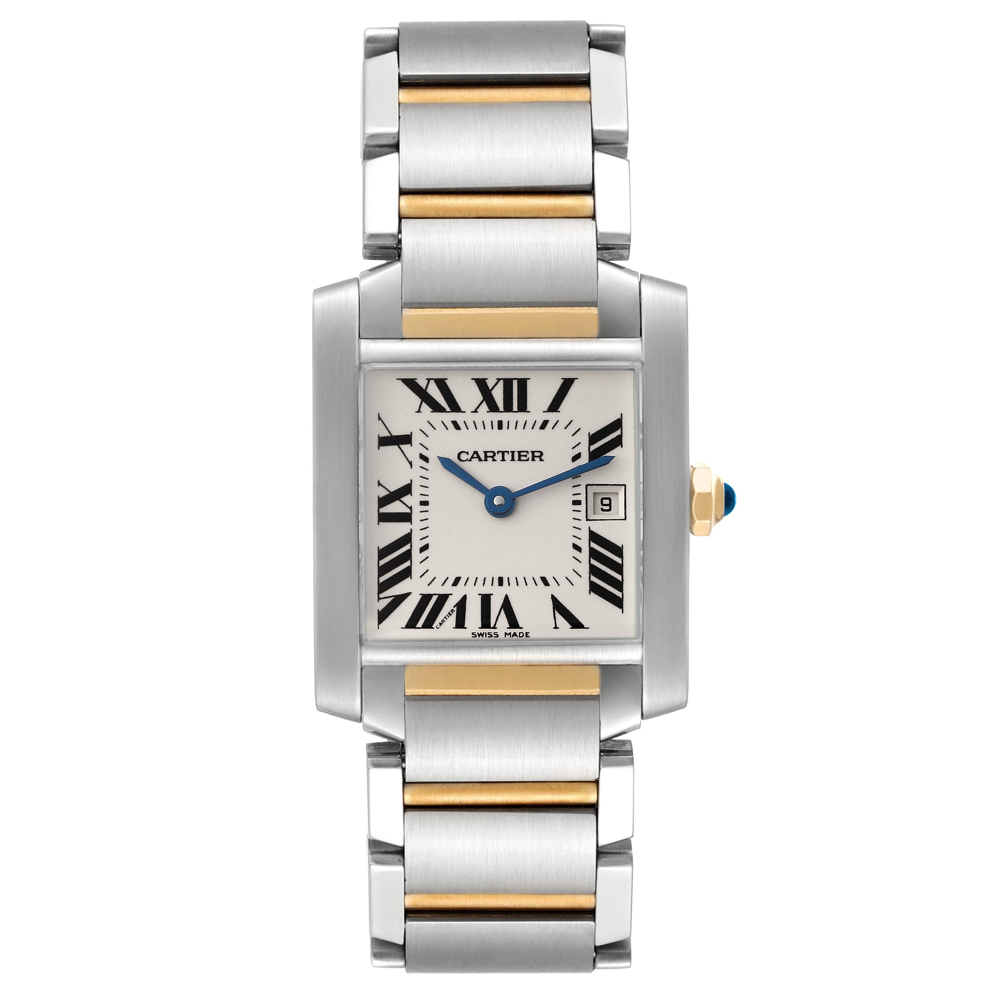 Cartier Tank Francaise Midsize Steel Yellow Gold Ladies Watch W51012Q4 Papers. Quartz movement. Rectangular stainless steel 25.0 x 30.0 mm case. Octagonal 18k yellow gold crown set with a blue spinel cabochon. . Scratch resistant sapphire crystal.