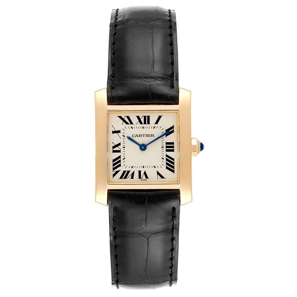 Cartier Tank Francaise Midsize Yellow Gold Black Strap Watch W50003N2. Quartz movement. 18K yellow gold 25 x 30 mm rectangular case. Octagonal crown set with a blue sapphire cabochon. Scratch resistant sapphire crystal. Silver grained dial with