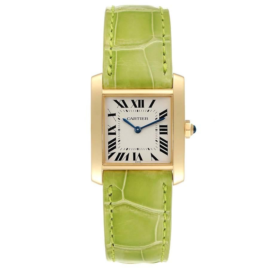 Cartier Tank Francaise Midsize Yellow Gold Ladies Watch W5000356 Box Papers. Quartz movement. 18K yellow gold 25 x 30 mm rectangular case. Octagonal crown set with a blue sapphire cabochon. . Scratch resistant sapphire crystal. Silver grained dial