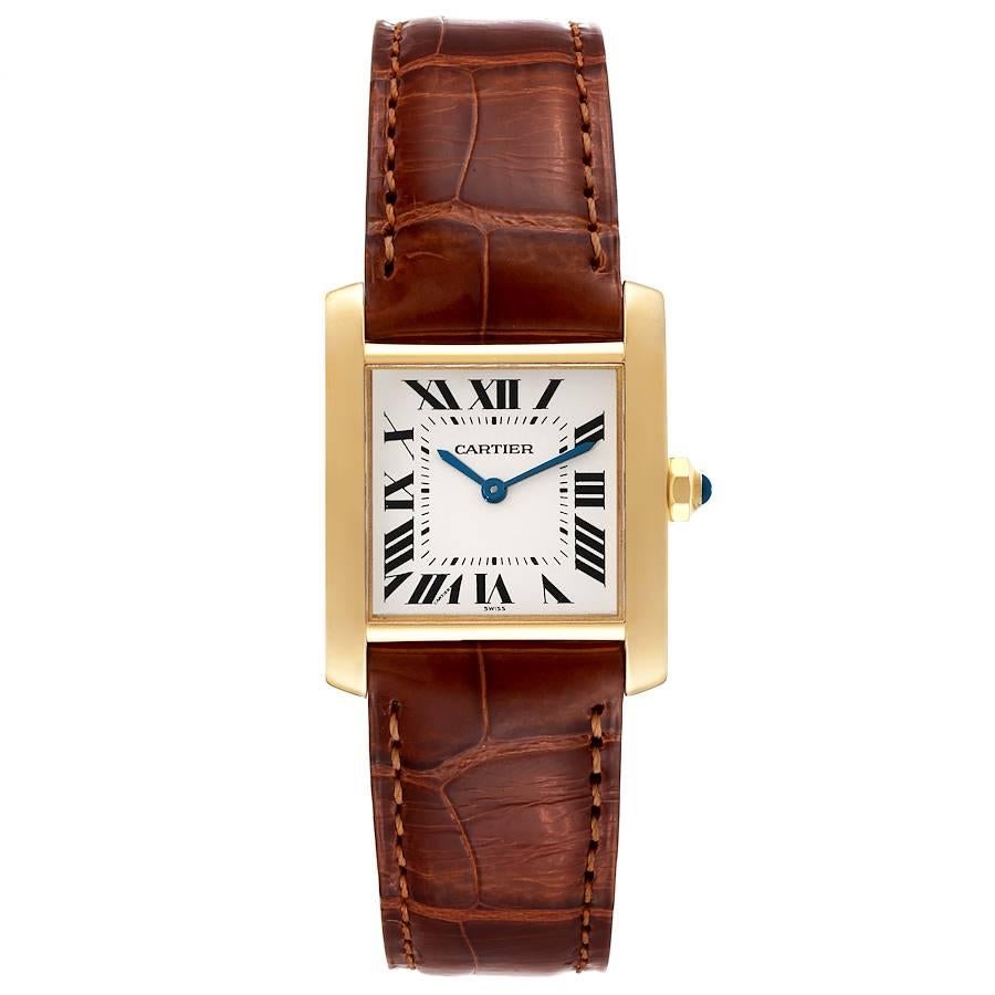 Cartier Tank Francaise Midsize Yellow Gold Ladies Watch W5000356. Quartz movement. 18K yellow gold 25 x 30 mm rectangular case. Octagonal crown set with a blue sapphire cabochon. . Scratch resistant sapphire crystal. Silver grained dial with painted