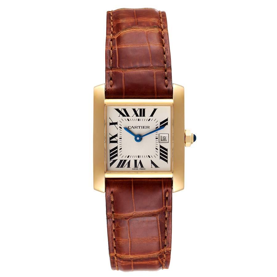 Cartier Tank Francaise Midsize Yellow Gold Ladies Watch W50014N2 Box Papers. Quartz movement. Rectangular brushed and polished 18K yellow gold 25 x 30 mm case. Octagonal crown set with a blue sapphire cabochon. . Scratch resistant sapphire crystal.