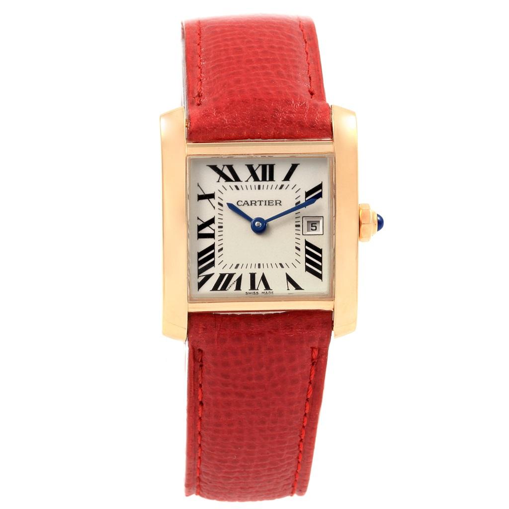 Cartier Tank Francaise Midsize Yellow Gold Red Strap Watch W50014N2 For Sale 3