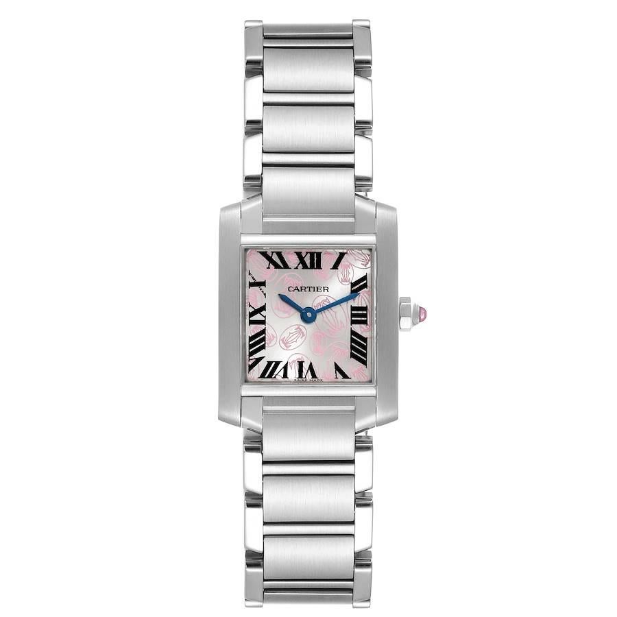 Cartier Tank Francaise Pink Double C Decor LE Ladies Watch W51031Q3. Quartz movement. Rectangular stainless steel 20 x 25 mm case. Octagonal crown set with a pink sapphire cabochon. . Scratch resistant sapphire crystal. Silver dial decorated with