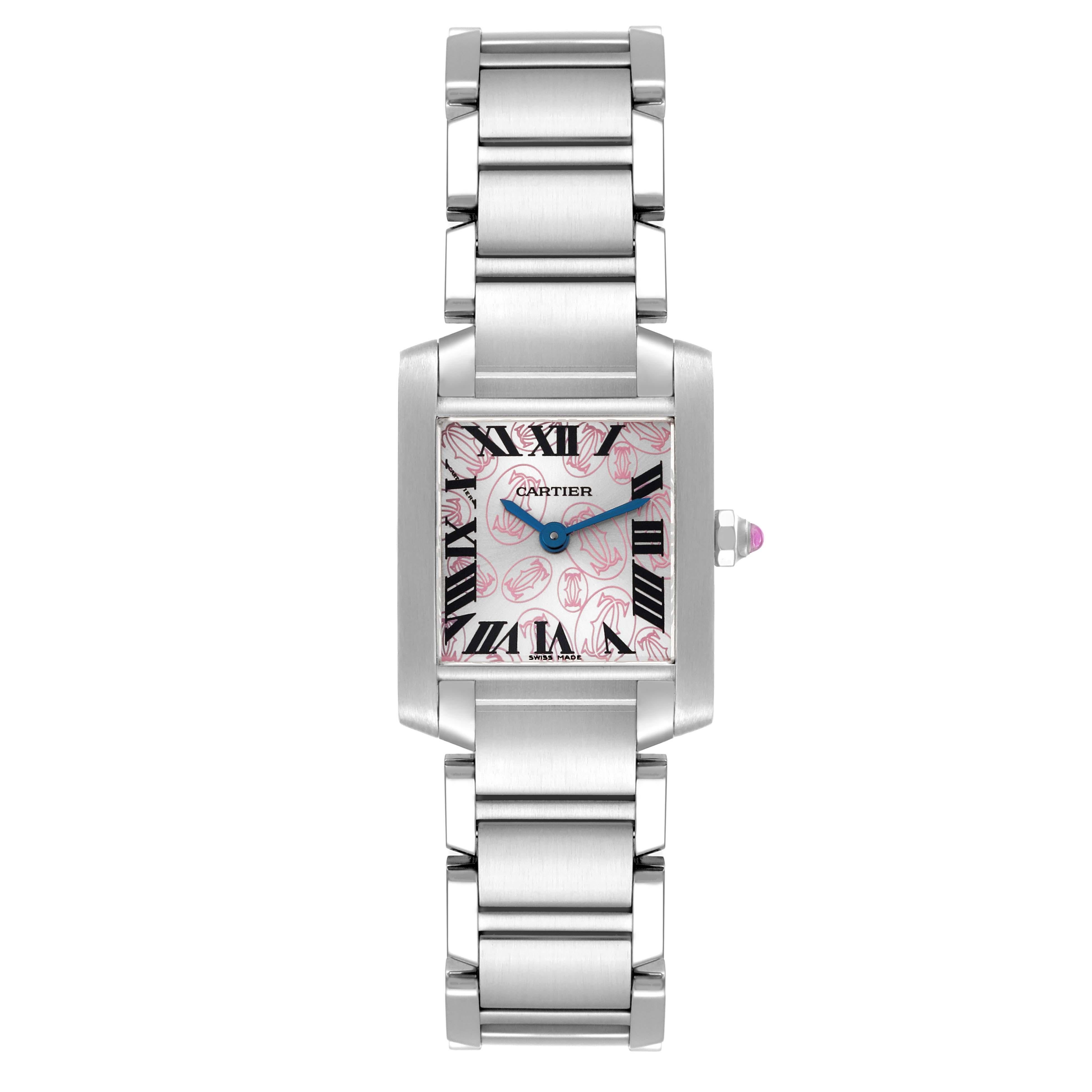 Cartier Tank Francaise Pink Double C Decor Limited Edition Steel Ladies Watch W51031Q3. Quartz movement. Rectangular stainless steel 20 x 25 mm case. Octagonal crown set with a pink spinel cabochon. . Scratch resistant sapphire crystal. Silver dial