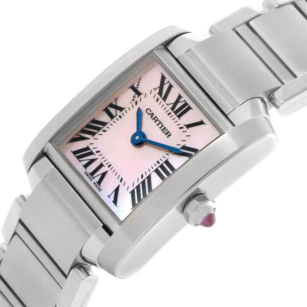 Cartier Tank Francaise Pink MOP Dial Steel Ladies Watch W51028Q3. Quartz movement. Rectangular stainless steel 20.0 x 25.0 mm case. Octagonal crown set with a pink sapphire cabochon. Stainless steel fixed bezel. Scratch resistant sapphire crystal.