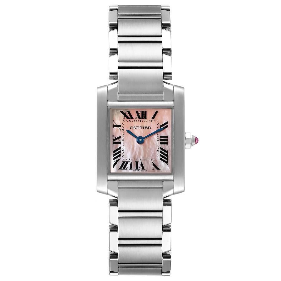 Cartier Tank Francaise Pink MOP Steel Ladies Watch W51028Q3 Box Papers. Quartz movement. Rectangular stainless steel 20.0 x 25.0 mm case. Octagonal crown set with a pink sapphire cabochon. . Scratch resistant sapphire crystal. Pink Mother of pearl