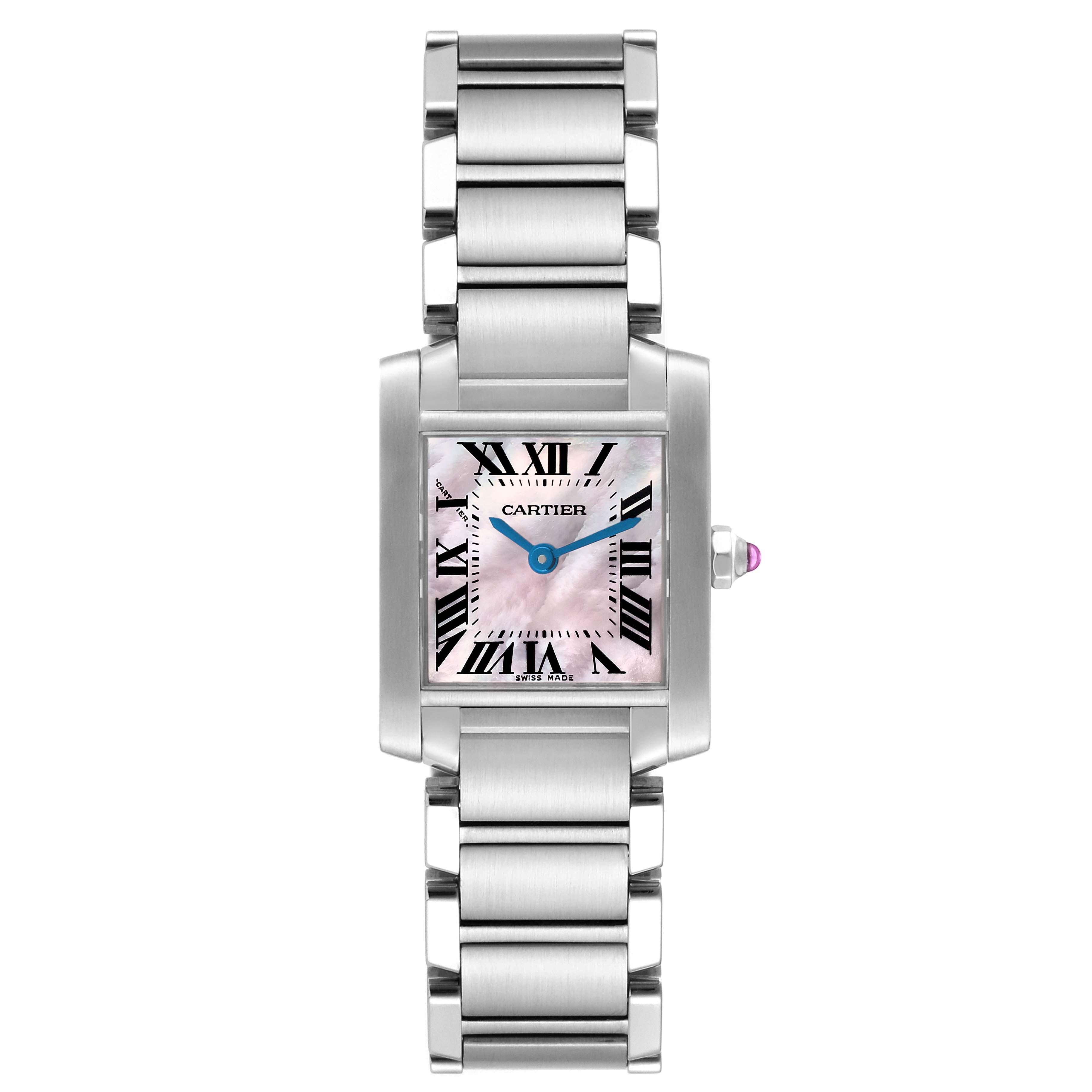 Cartier Tank Francaise Pink Mother Of Pearl Dial Steel Ladies Watch W51028Q3. Quartz movement. Rectangular stainless steel 20.0 x 25.0 mm case. Octagonal crown set with a pink spinel cabochon. . Scratch resistant sapphire crystal. Pink mother of
