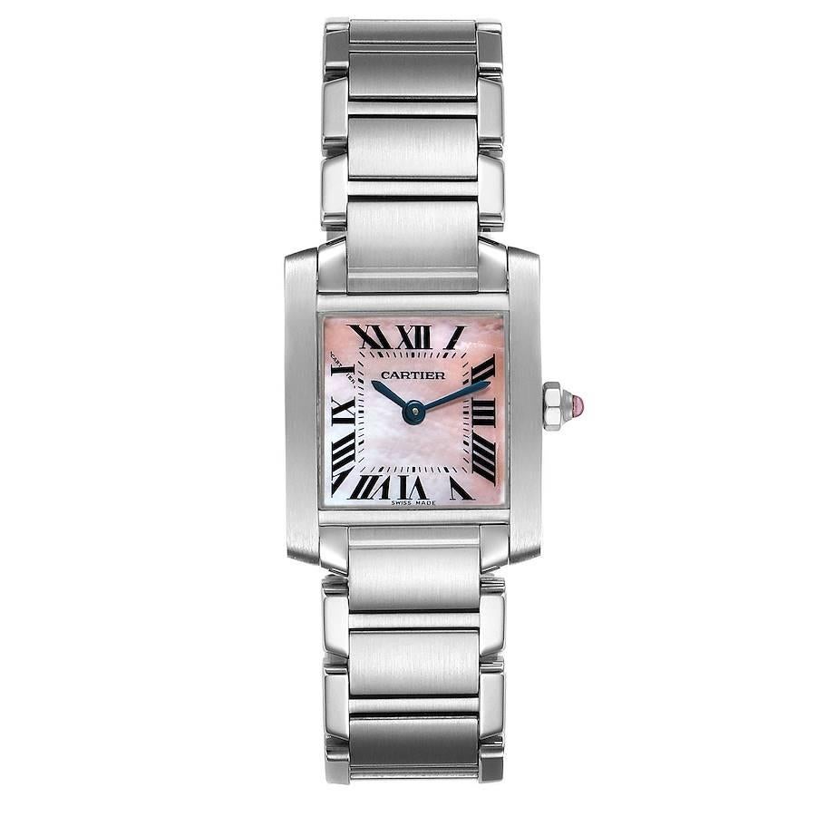 Cartier Tank Francaise Pink Mother of Pearl Steel Ladies Watch W51028Q3. Quartz movement. Rectangular stainless steel 20.0 x 25.0 mm case. Octagonal crown set with a pink sapphire cabochon. . Scratch resistant sapphire crystal. Pink Mother of pearl