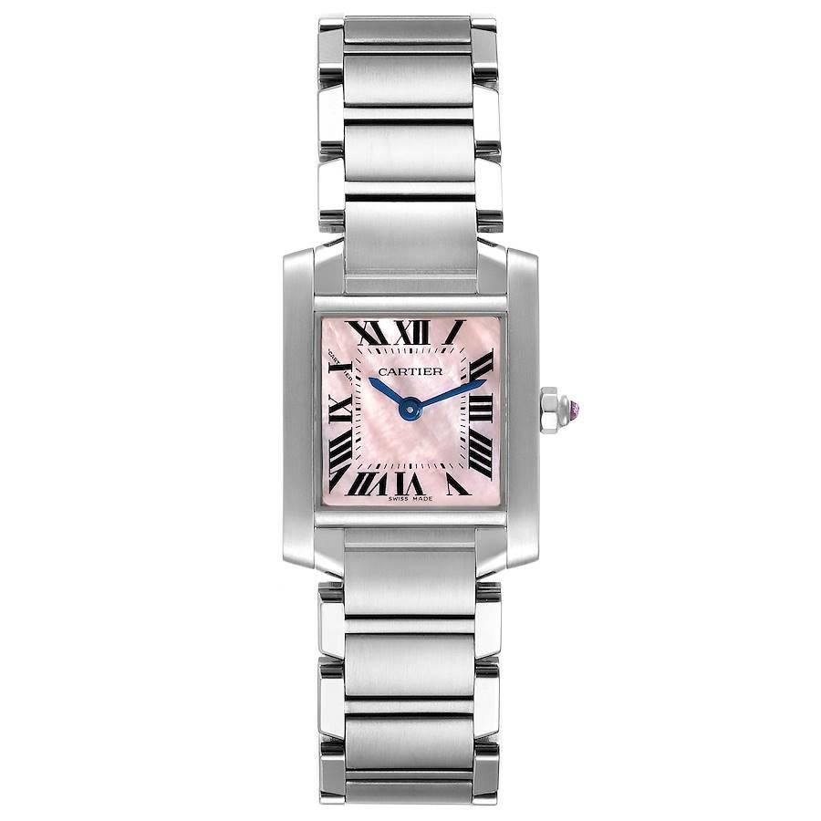 Cartier Tank Francaise Pink Mother of Pearl Steel Ladies Watch W51028Q3. Quartz movement. Rectangular stainless steel 20.0 x 25.0 mm case. Octagonal crown set with a pink sapphire cabochon. . Scratch resistant sapphire crystal. Pink mother of pearl