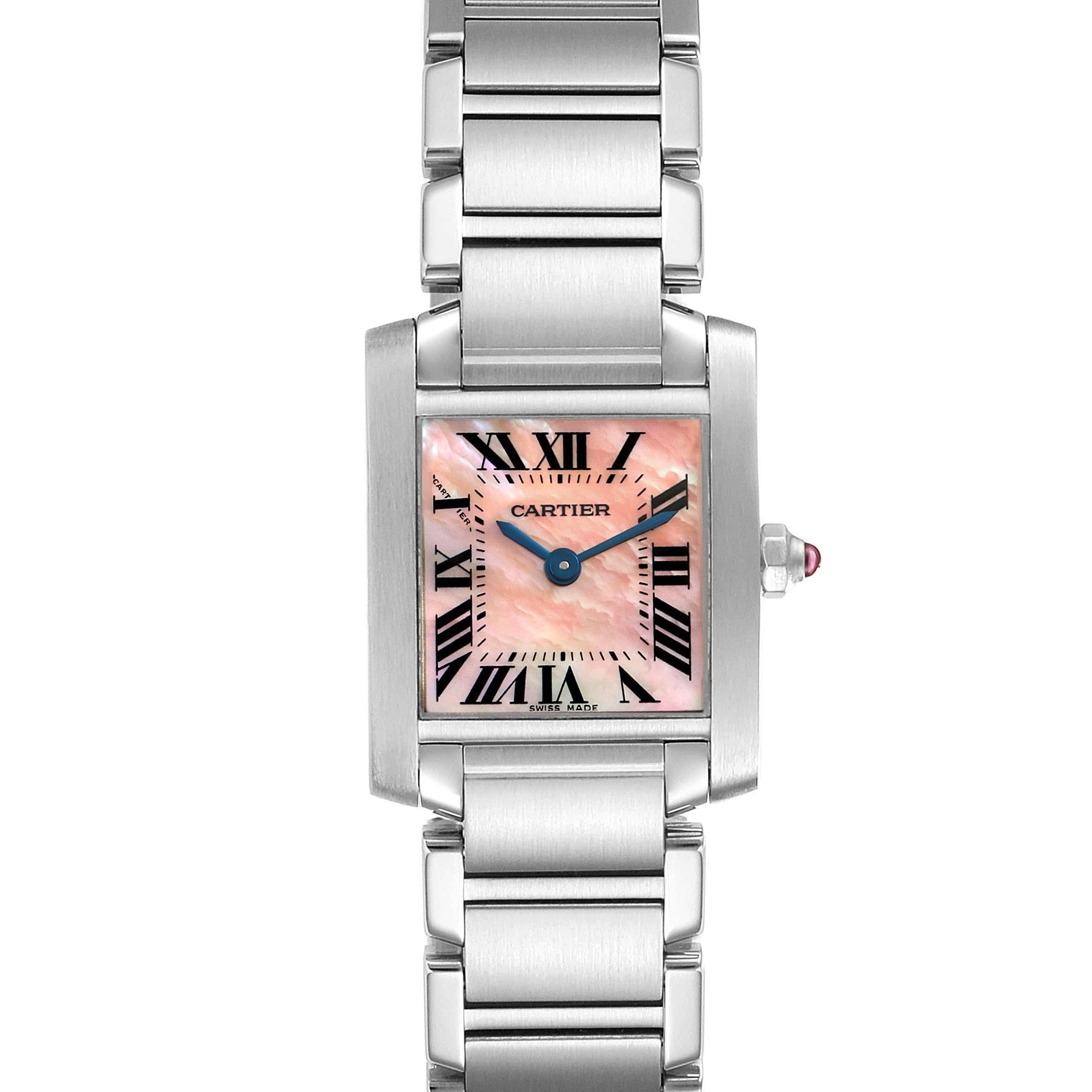 Cartier Tank Francaise Pink Mother of Pearl Steel Ladies Watch W51028Q3. Quartz movement. Rectangular stainless steel 20.0 x 25.0 mm case. Octagonal crown set with a pink sapphire cabochon. . Scratch resistant sapphire crystal. Pink Mother of pearl