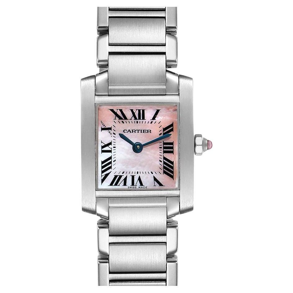 Cartier Tank Francaise Pink Mother of Pearl Steel Ladies Watch W51028Q3 For Sale
