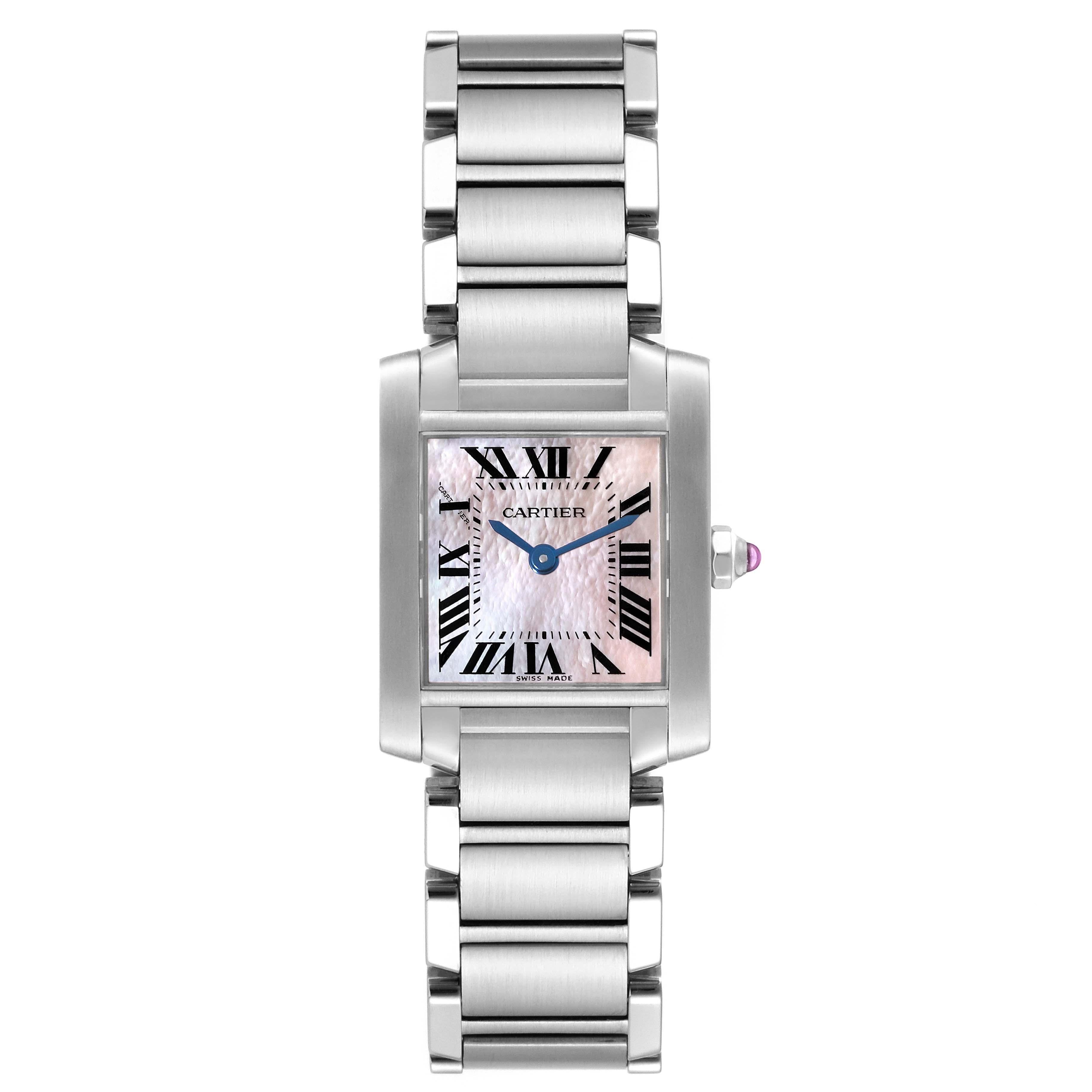 Cartier Tank Francaise Pink Mother of Pearl Steel Ladies Watch W51028Q3 Papers. Quartz movement. Rectangular stainless steel 20.0 x 25.0 mm case. Octagonal crown set with a pink spinel cabochon. . Scratch resistant sapphire crystal. Pink mother of