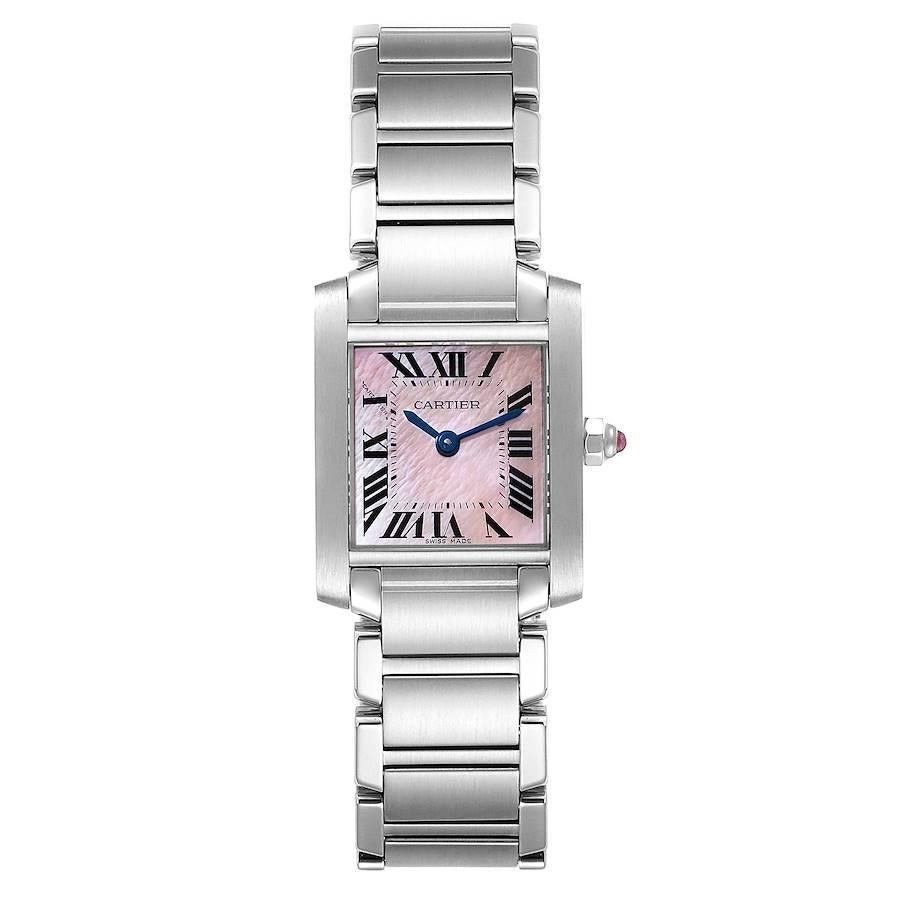 Cartier Tank Francaise Pink Mother of Pearl Steel Watch W51028Q3 Box Papers. Quartz movement. Rectangular stainless steel 20.0 x 25.0 mm case. Octagonal crown set with a pink sapphire cabochon. . Scratch resistant sapphire crystal. Pink Mother of